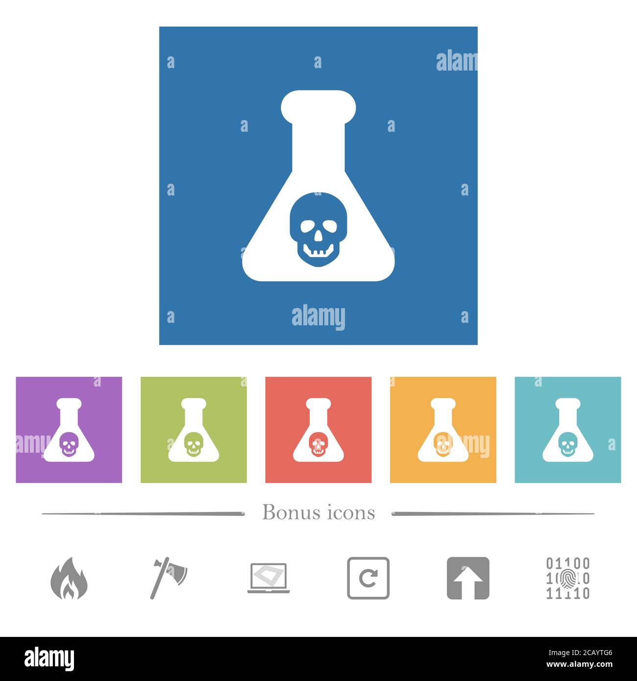 Dangerous chemical experiment flat white icons in square backgrounds. 6 bonus icons included. Stock Vector