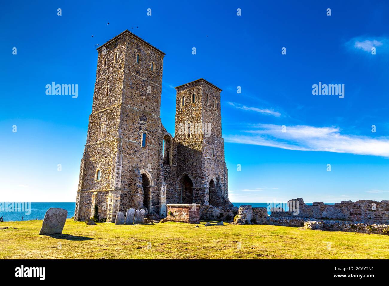 Medieval Reculver Towers and Roman Fort (St Mary's Church), Kent, UK Stock Photo