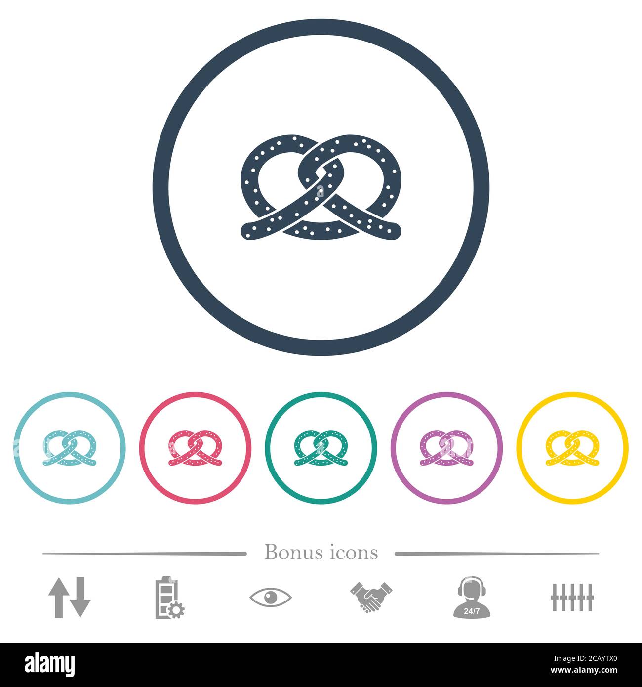 Salted pretzel flat color icons in round outlines. 6 bonus icons ...