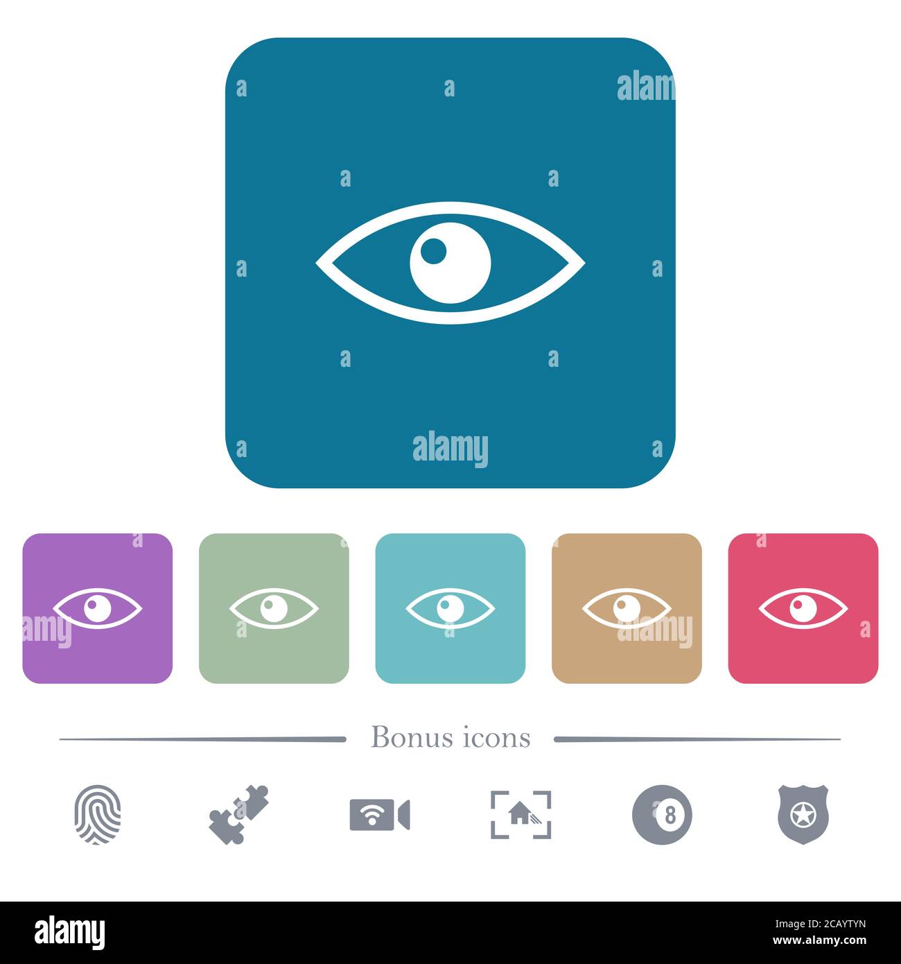 Eye white flat icons on color rounded square backgrounds. 6 bonus icons ...