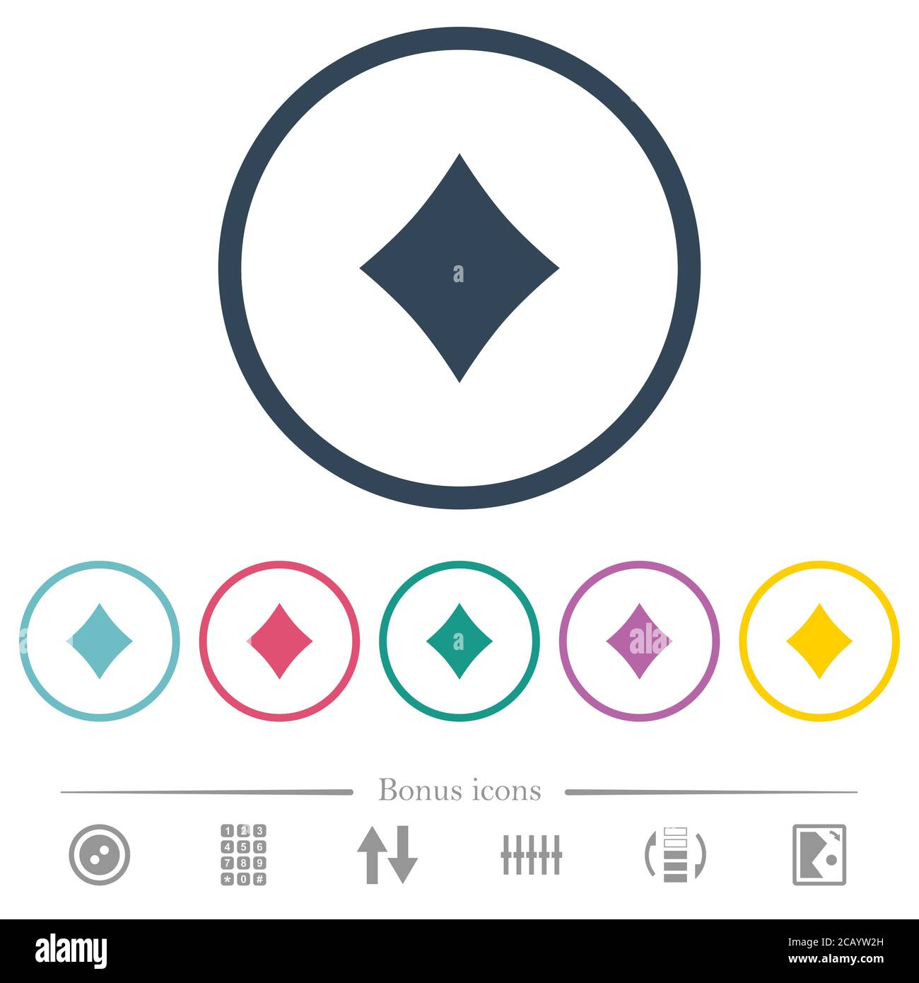 Diamond card symbol flat color icons in round outlines. 6 bonus icons