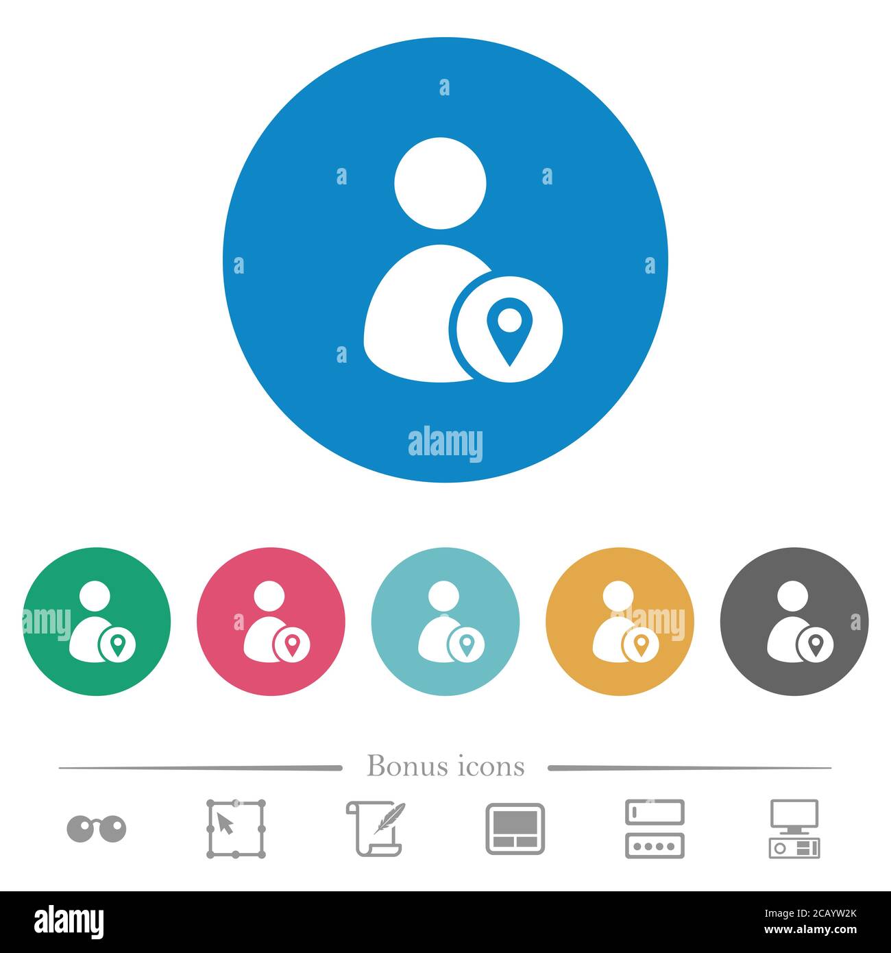 User location flat white icons on round color backgrounds. 6 bonus ...