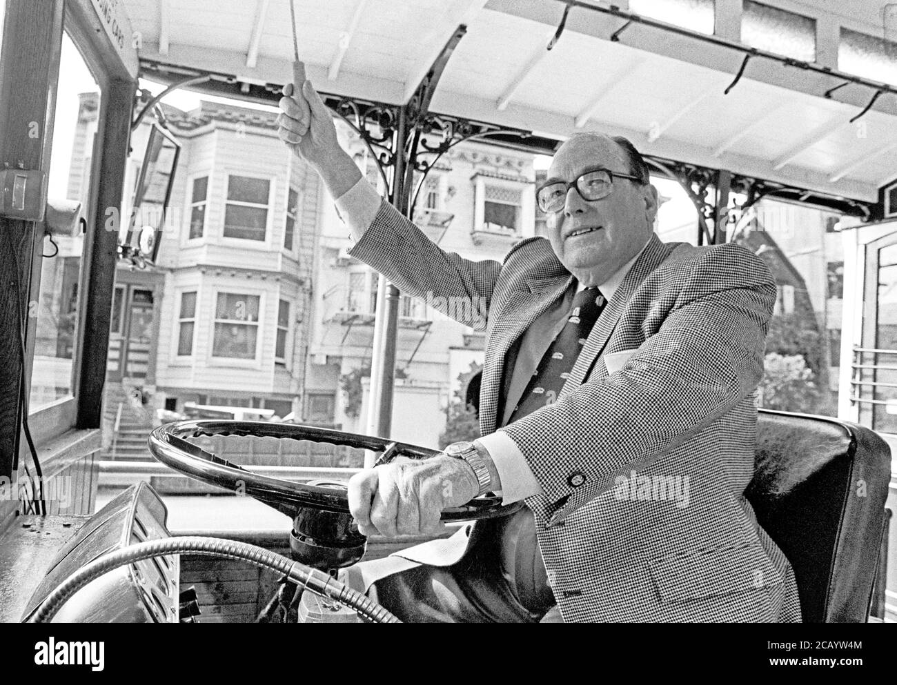 Arnold Gridley on one of his motorized cable cars  in San Francisco, California in April 1982 Stock Photo