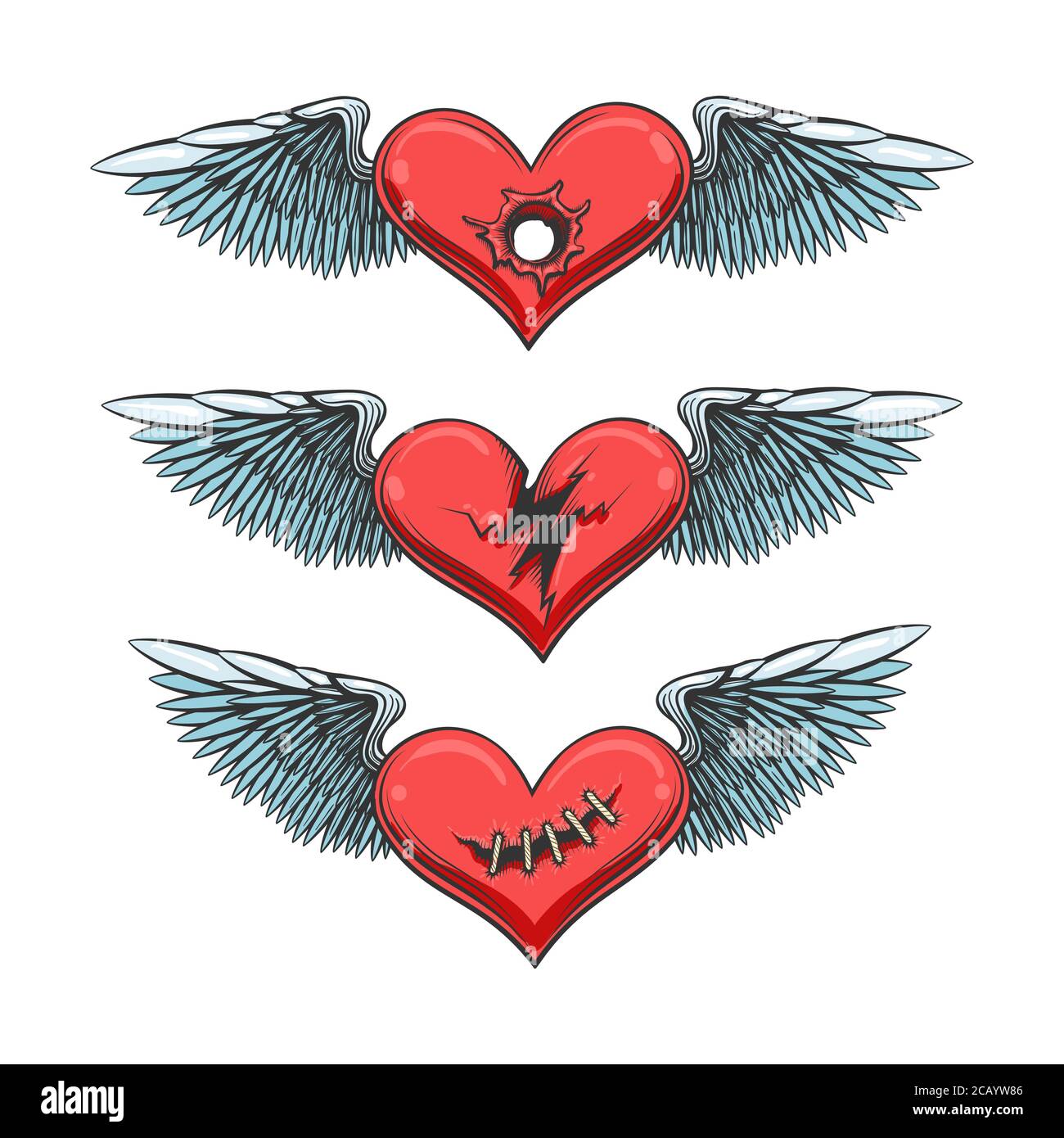 Winged Hearts Tattoo Set. love hurts concept. Torn, shot and stitched heart. Vector illustration. Stock Vector