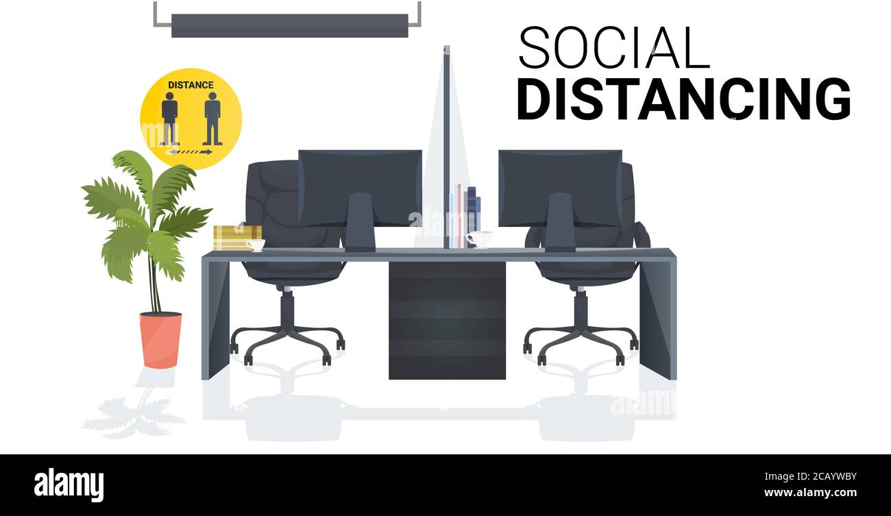 workplace desk with sign for social distancing yellow sticker coronavirus epidemic protection measures office interior horizontal vector illustration Stock Vector