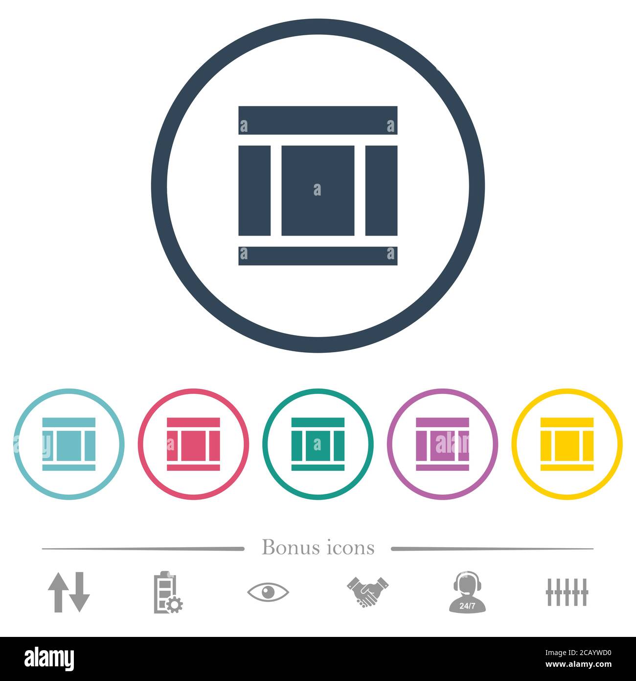 Three columned web layout flat color icons in round outlines. 6 bonus ...