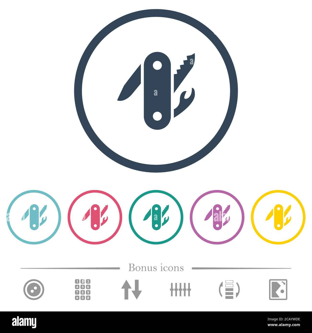 Swiss army knife flat color icons in round outlines. 6 bonus icons ...