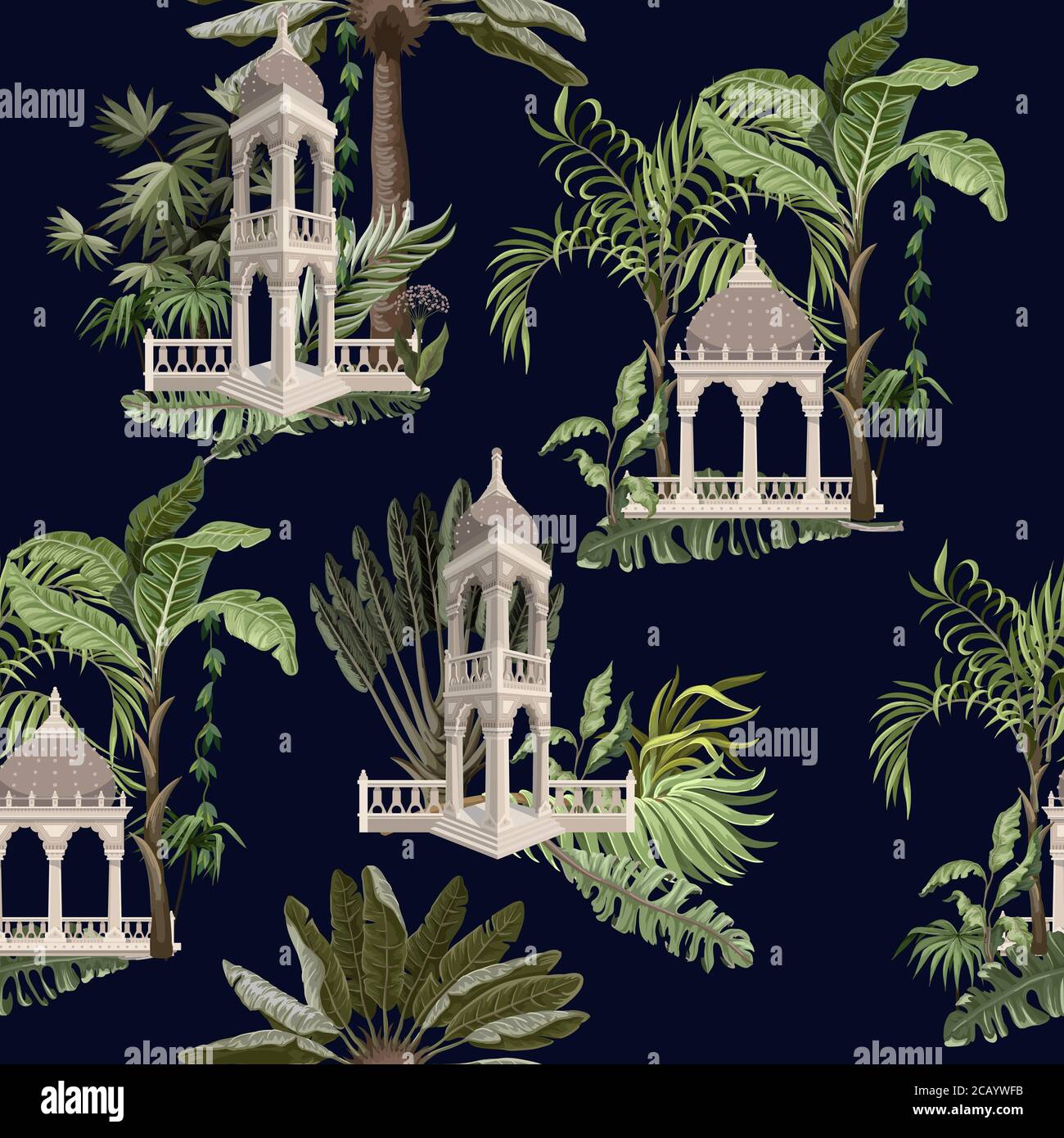 Seamless pattern with jungle trees and ancient arbor. Vector. Stock Vector