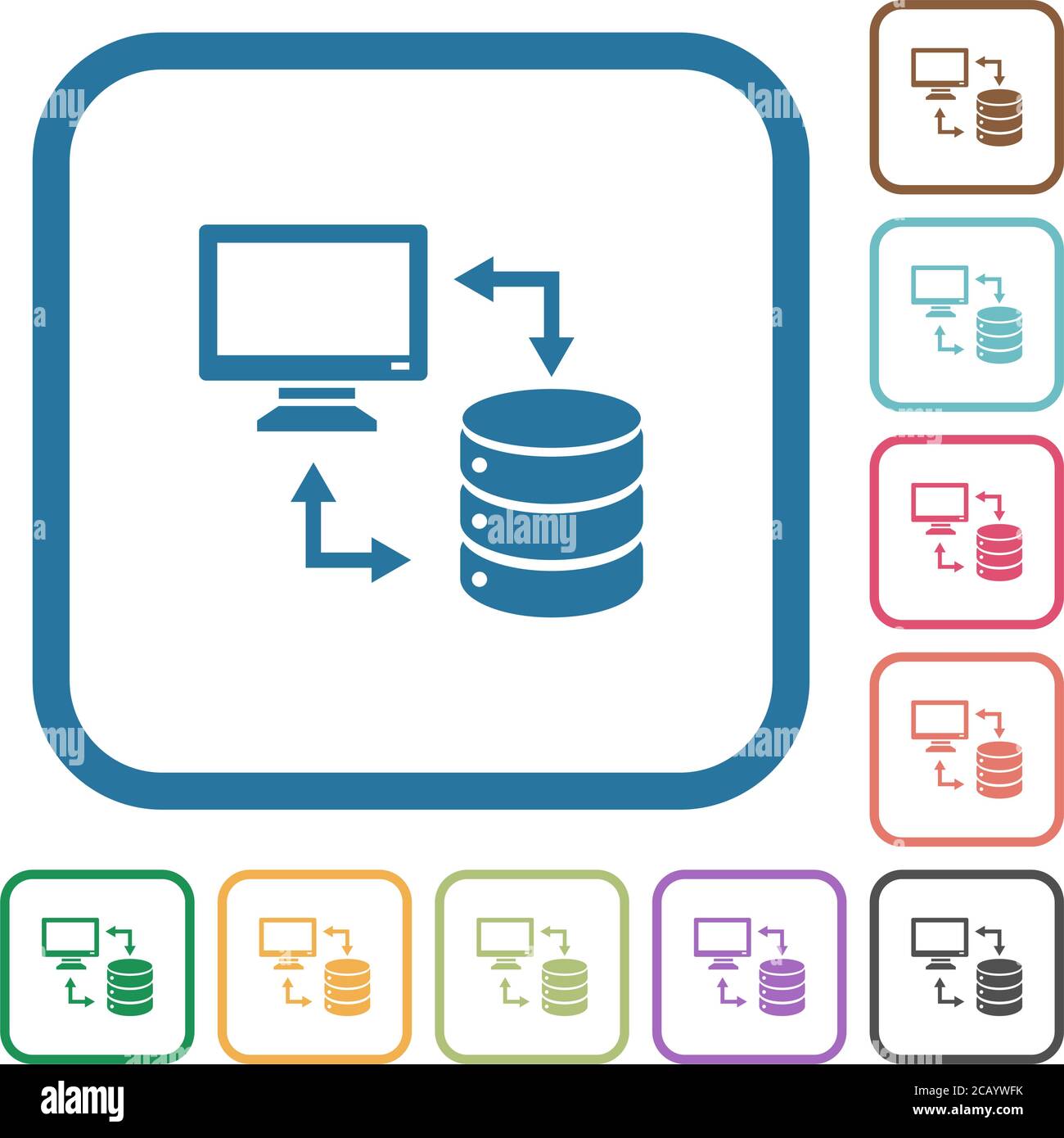 Syncronize data with database simple icons in color rounded square frames on white background Stock Vector