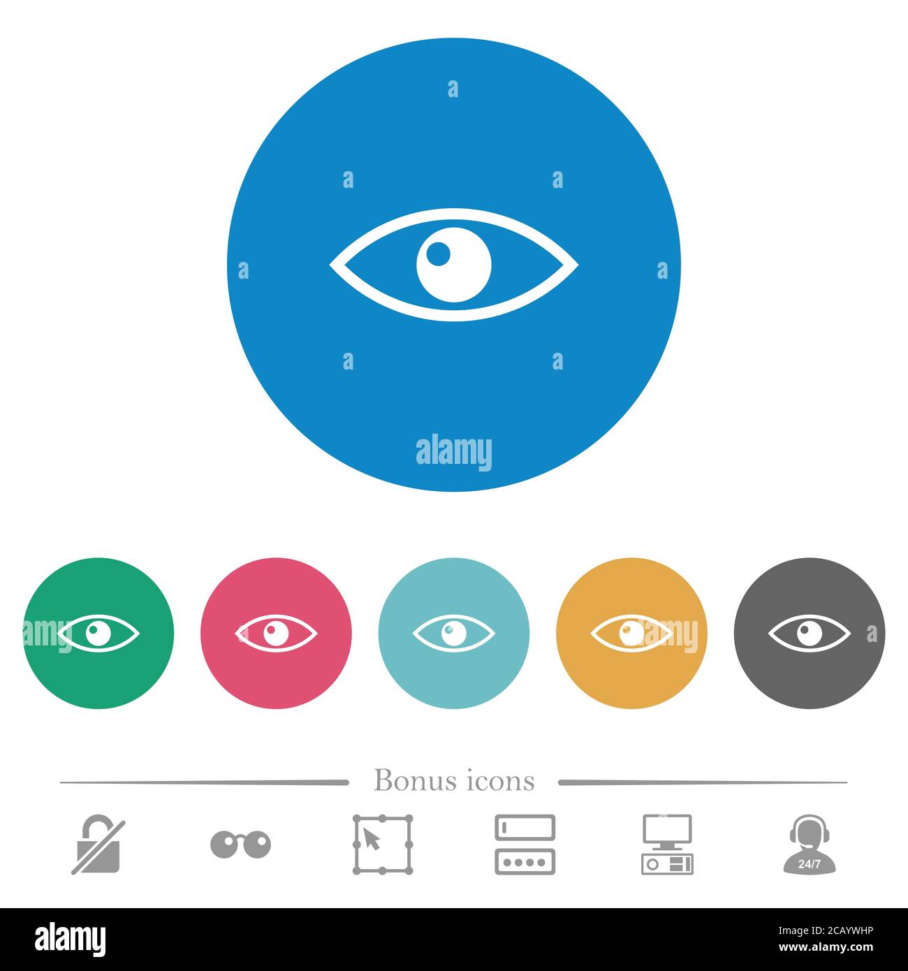 Eye flat white icons on round color backgrounds. 6 bonus icons included ...