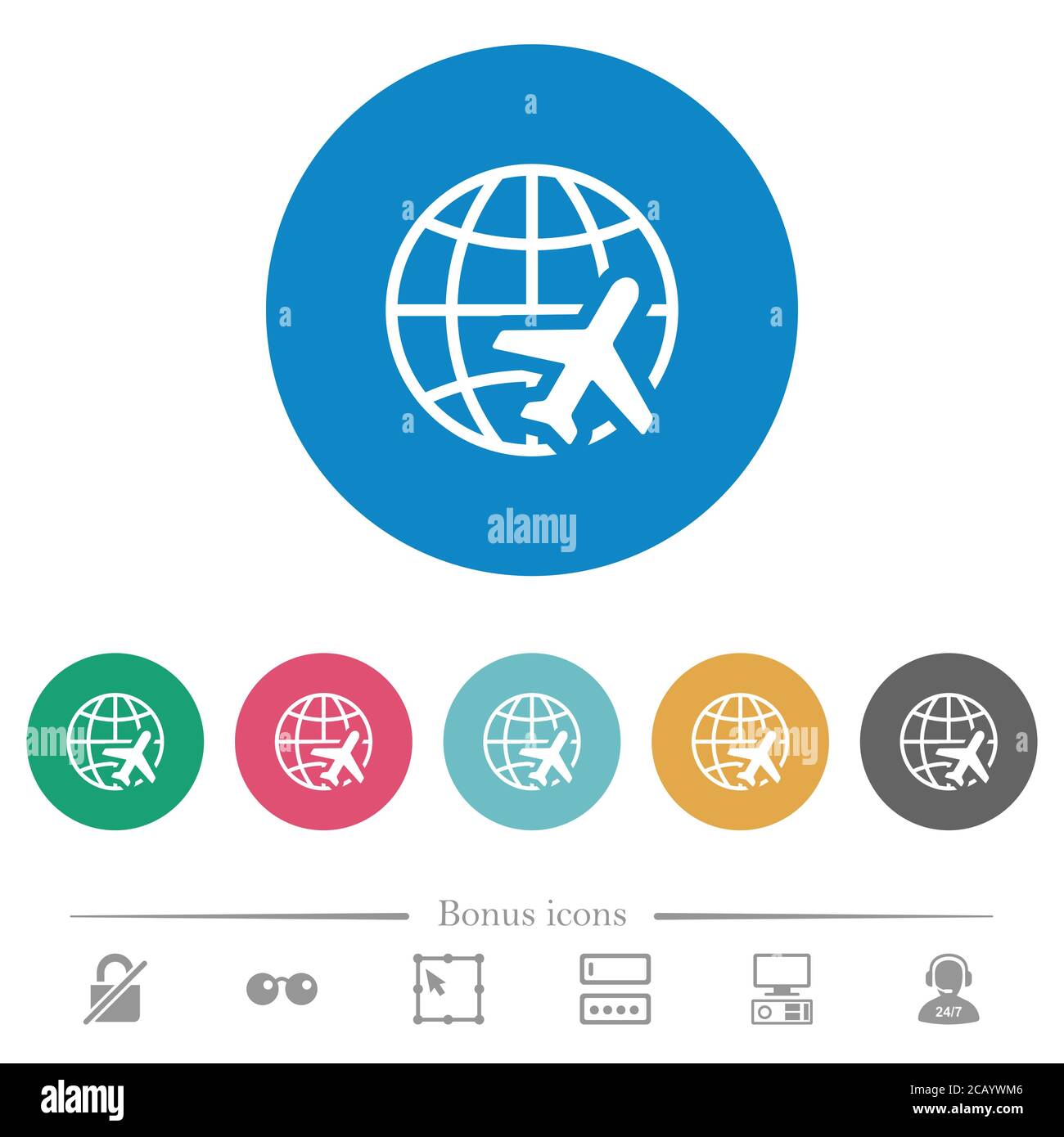 World travel flat white icons on round color backgrounds. 6 bonus icons ...