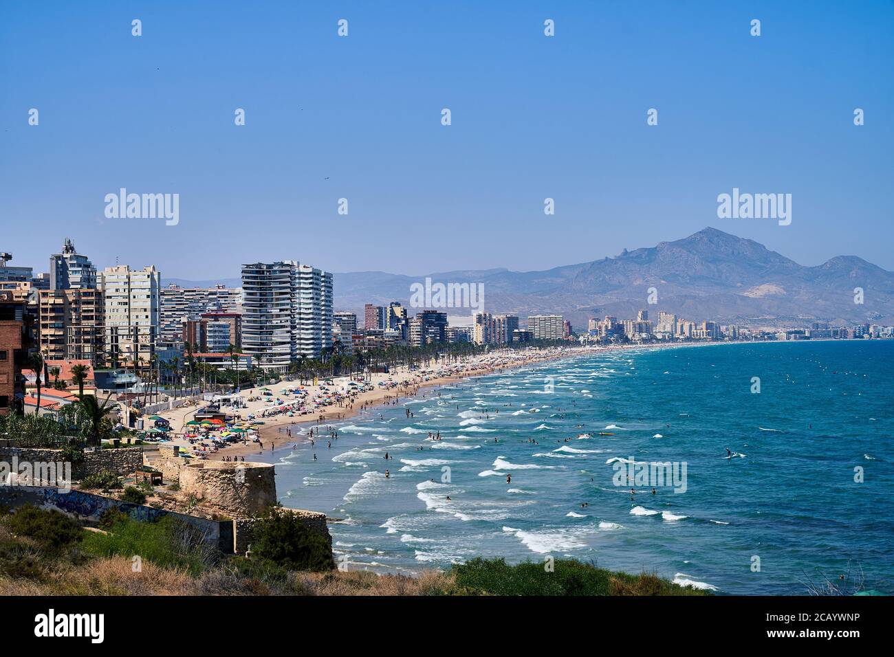 The view from the cape across to San Juan Beach with mountains behind, Alicante, Spain, Europe, July 2020 Stock Photo