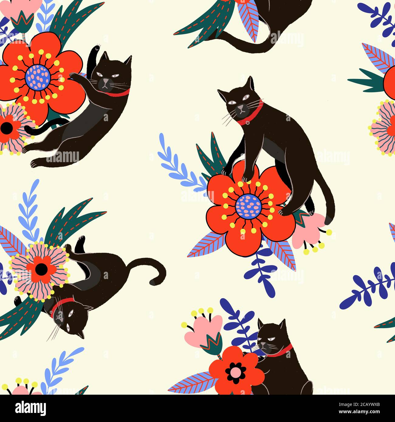 Seamless pattern with black cats and flowers. Vector. Stock Vector