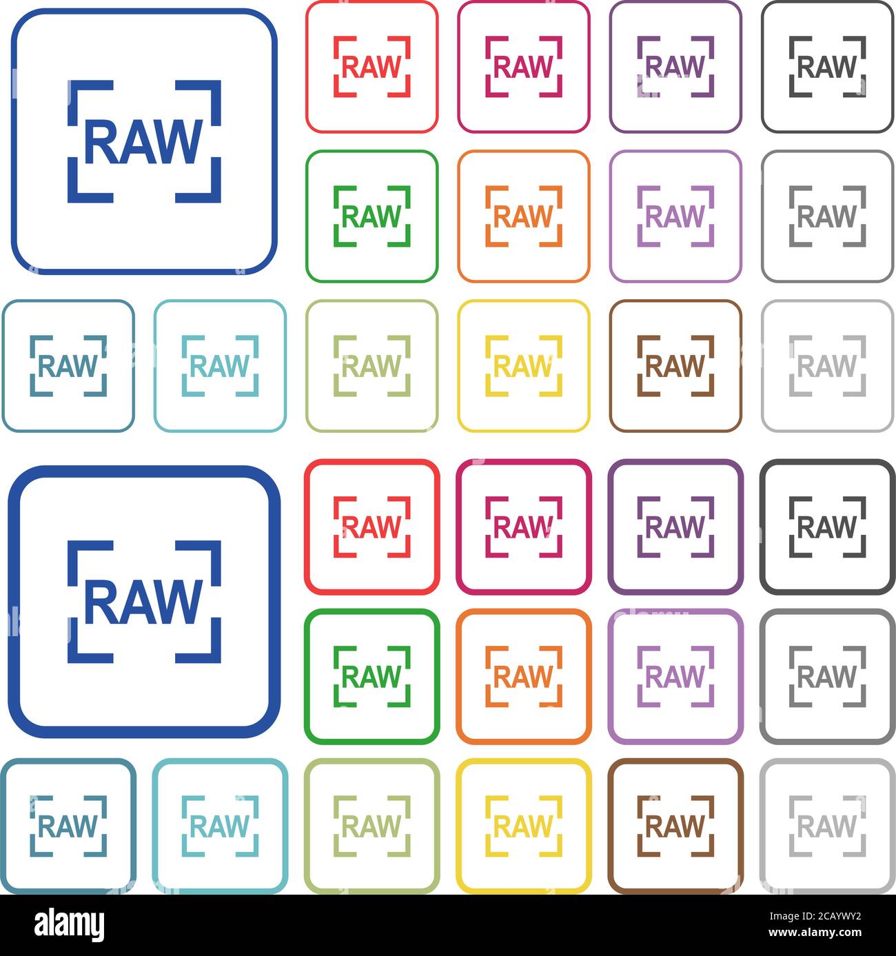 Camera raw image mode color flat icons in rounded square frames. Thin and thick versions included. Stock Vector