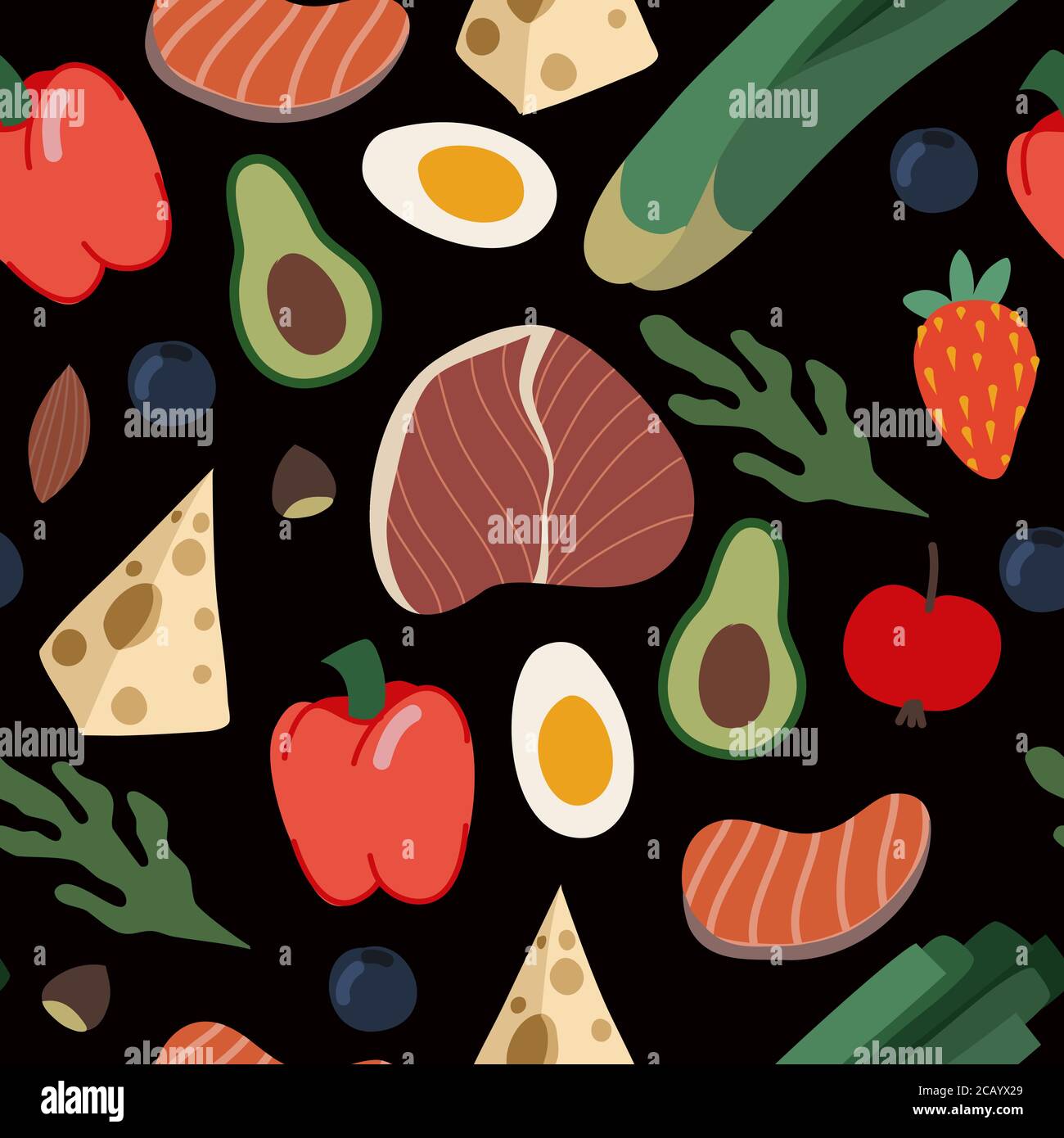 Seamless pattern with healthy food such as meal, vegetables and fruits. Vector cartoon flat illustration. Stock Vector