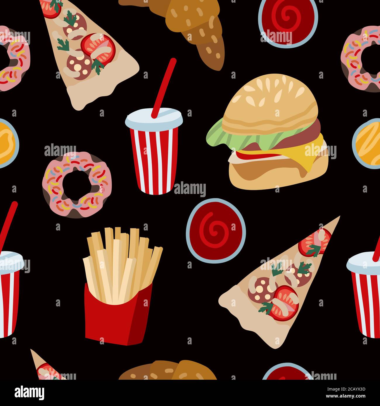 Seamless pattern with fast food such as hamburger, donuts and cola. Vector cartoon flat illustration Stock Vector