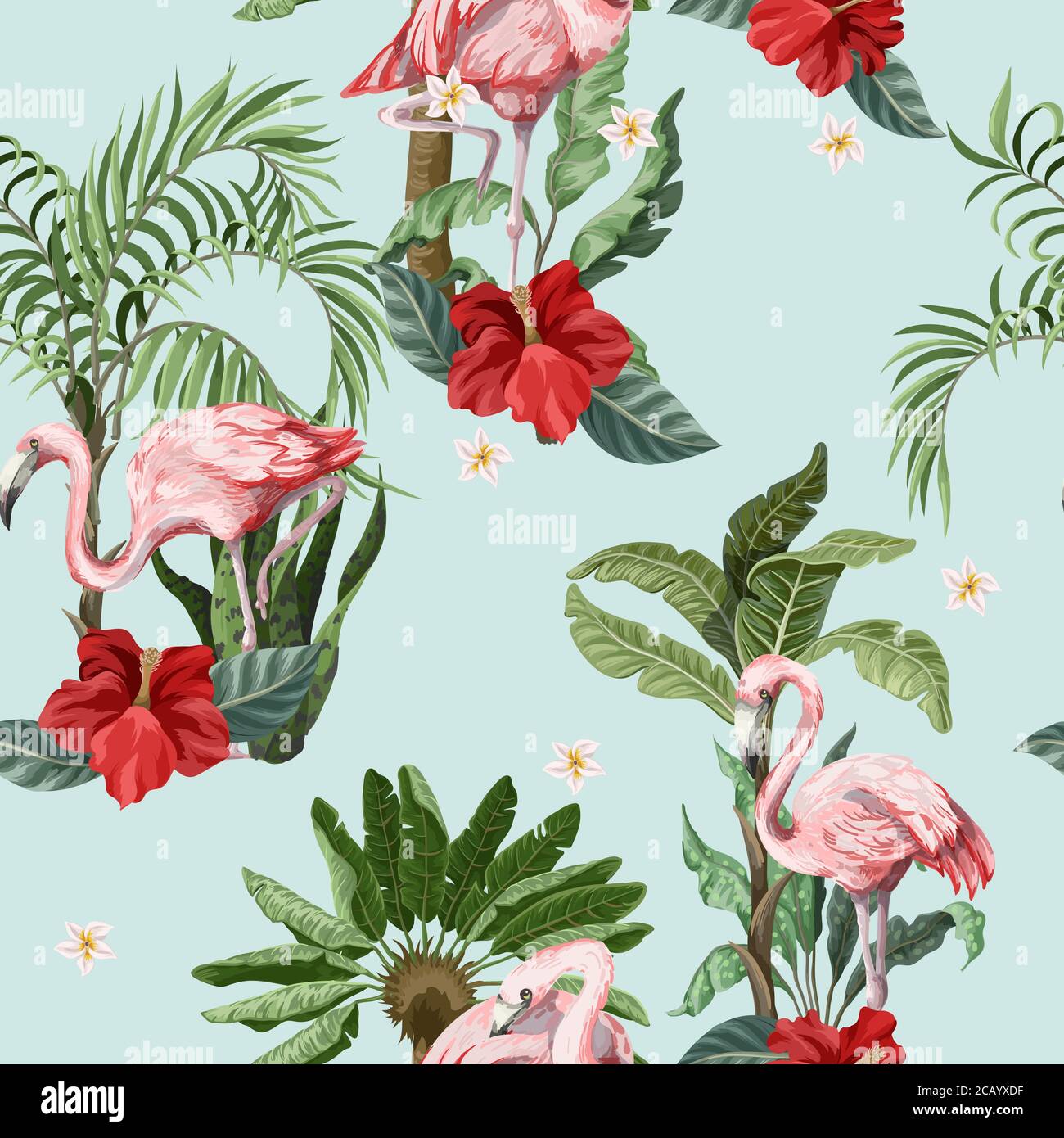 Seamless pattern with pink flamingo, flowers and jungle. Vector Stock ...