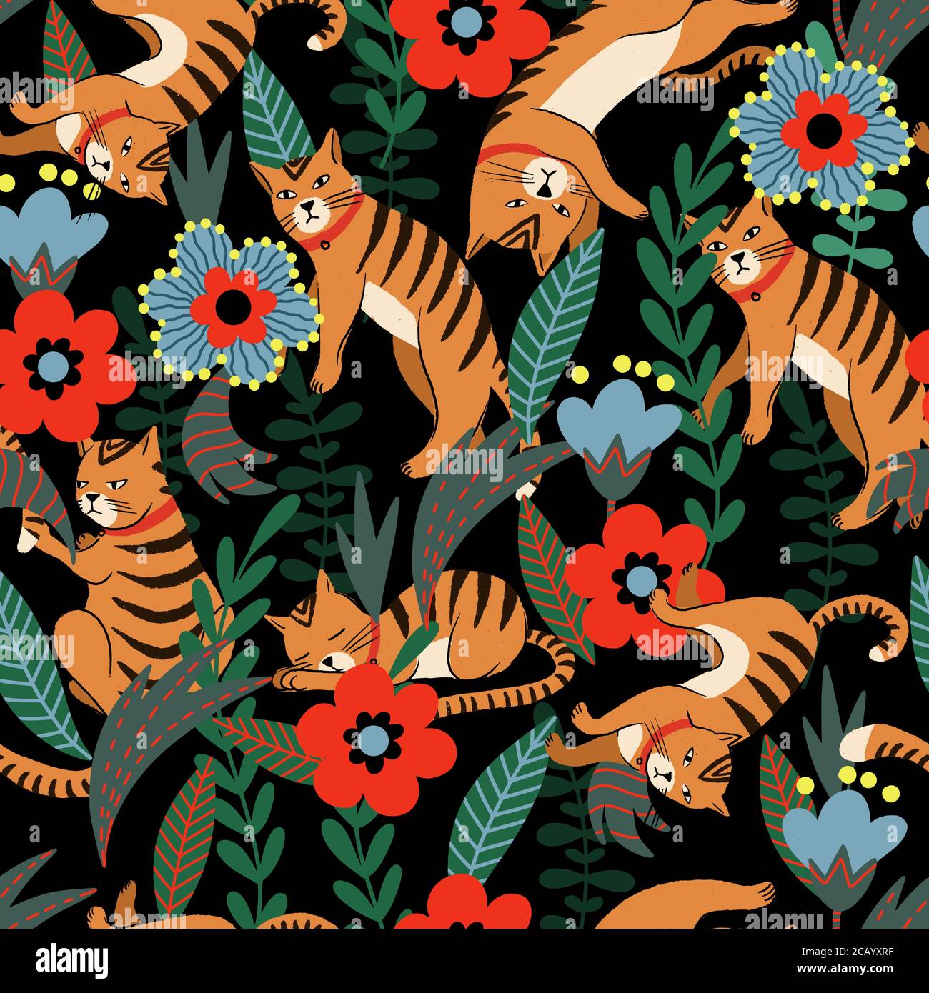 Seamless pattern with tiger and flowers. Vector. Stock Vector