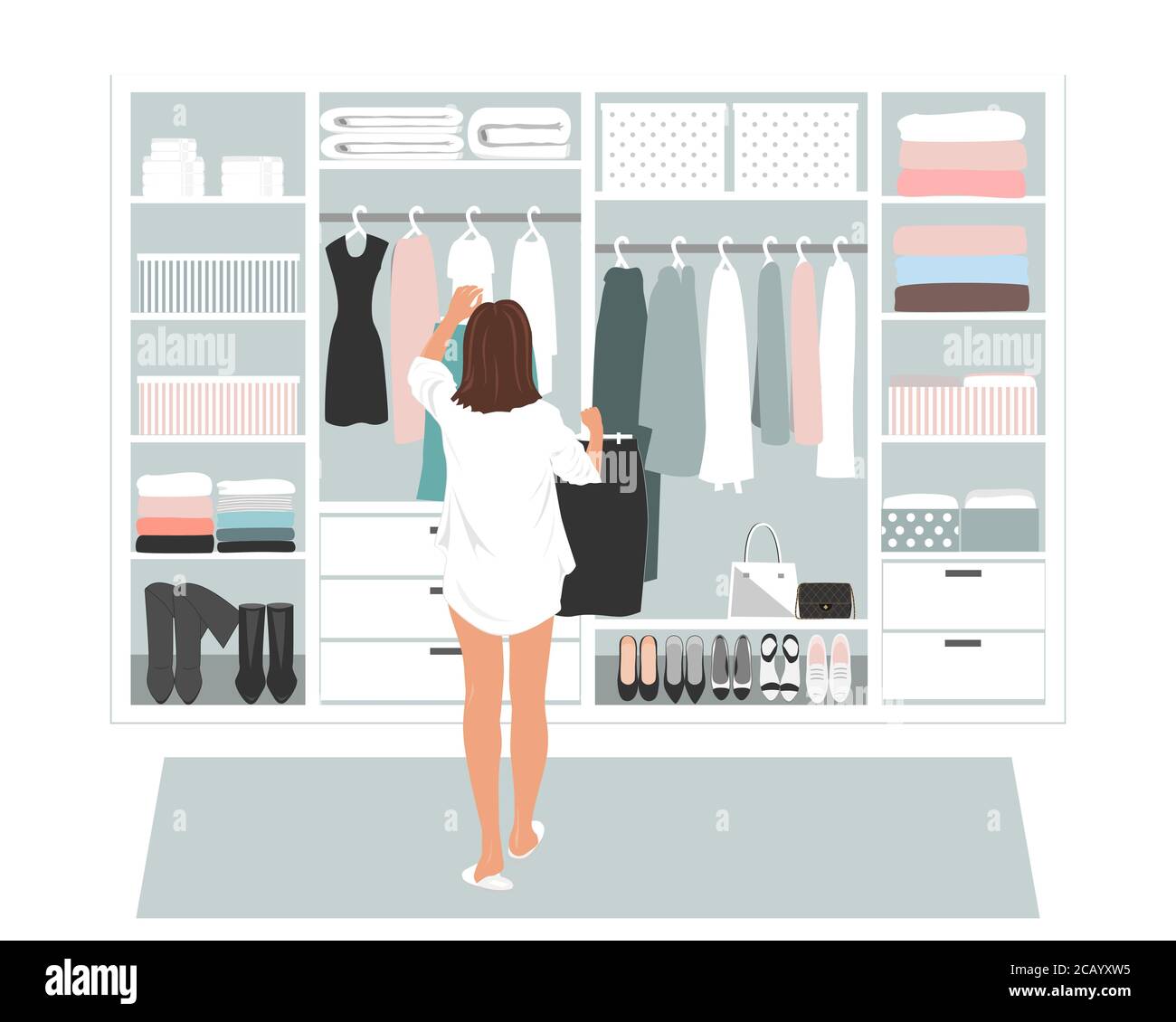 Wardrobe storage room and young elegant woman in front of open closet full of elegant dresses. Everyday choice what to wear into the office Stock Vector