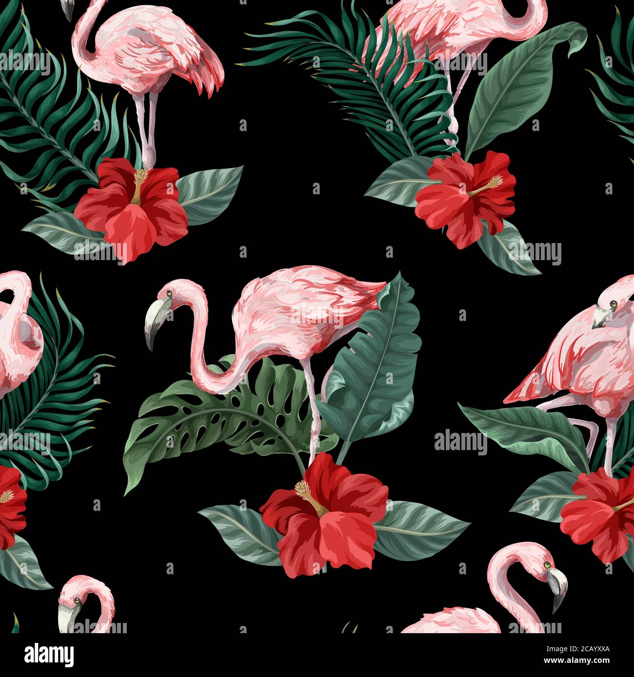 Seamless pattern with pink flamingo, flowers and jungle. Vector Stock ...