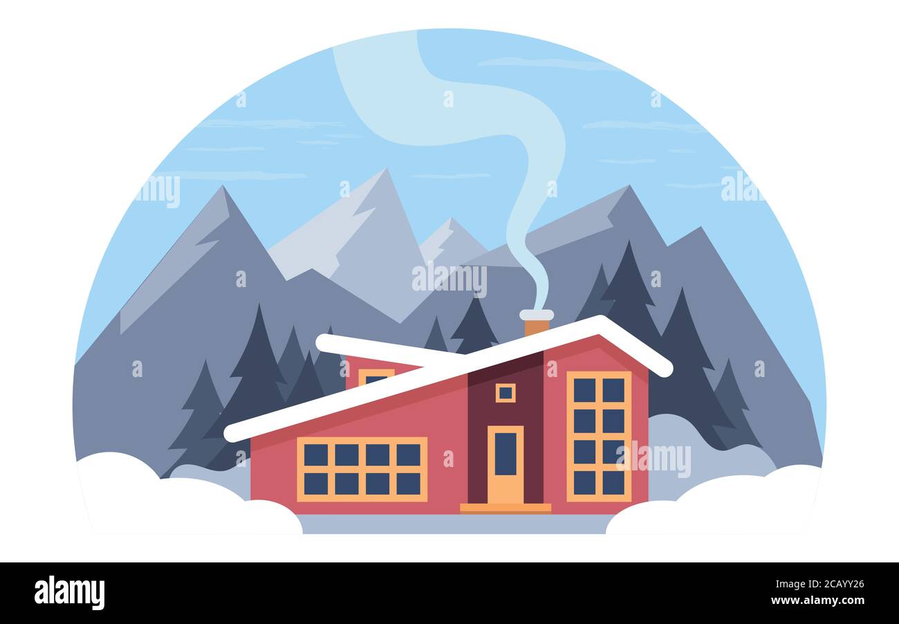 Winter mountain landscape with big house for tourists. Winter holidays in the mountains, ski resorts, house rentals. Vector flat illustration Stock Vector