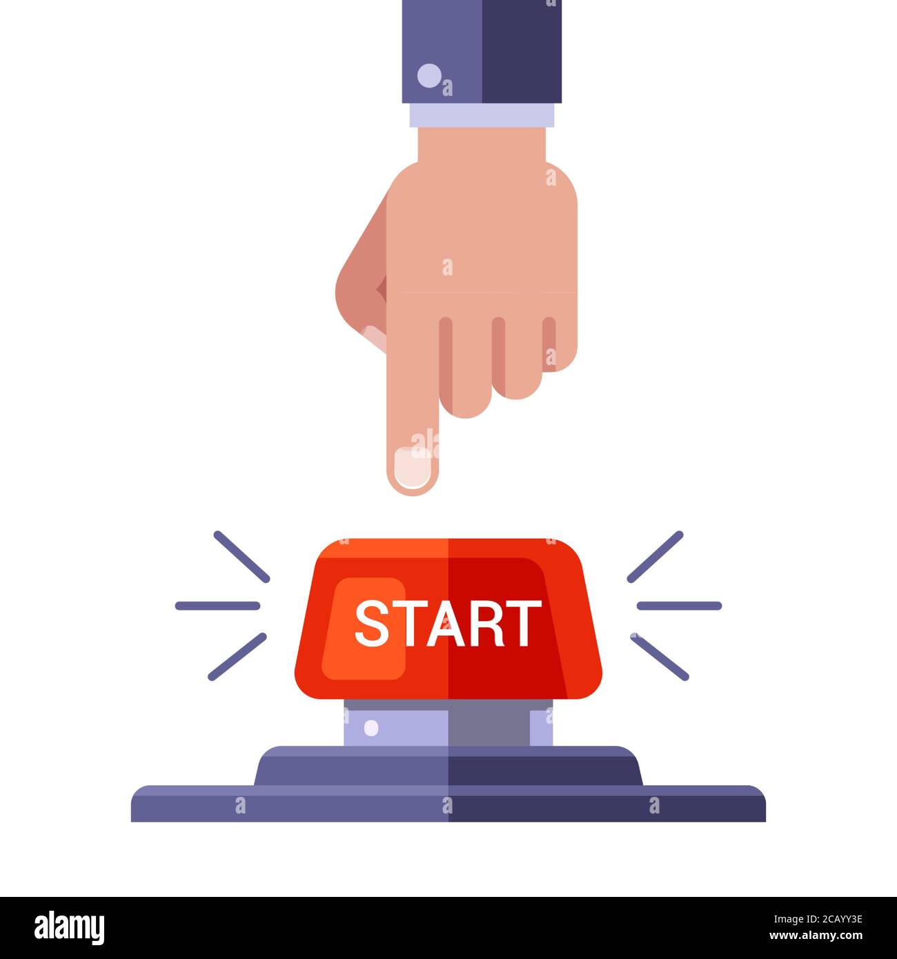 man presses the red start button. flat vector illustration isolated on ...