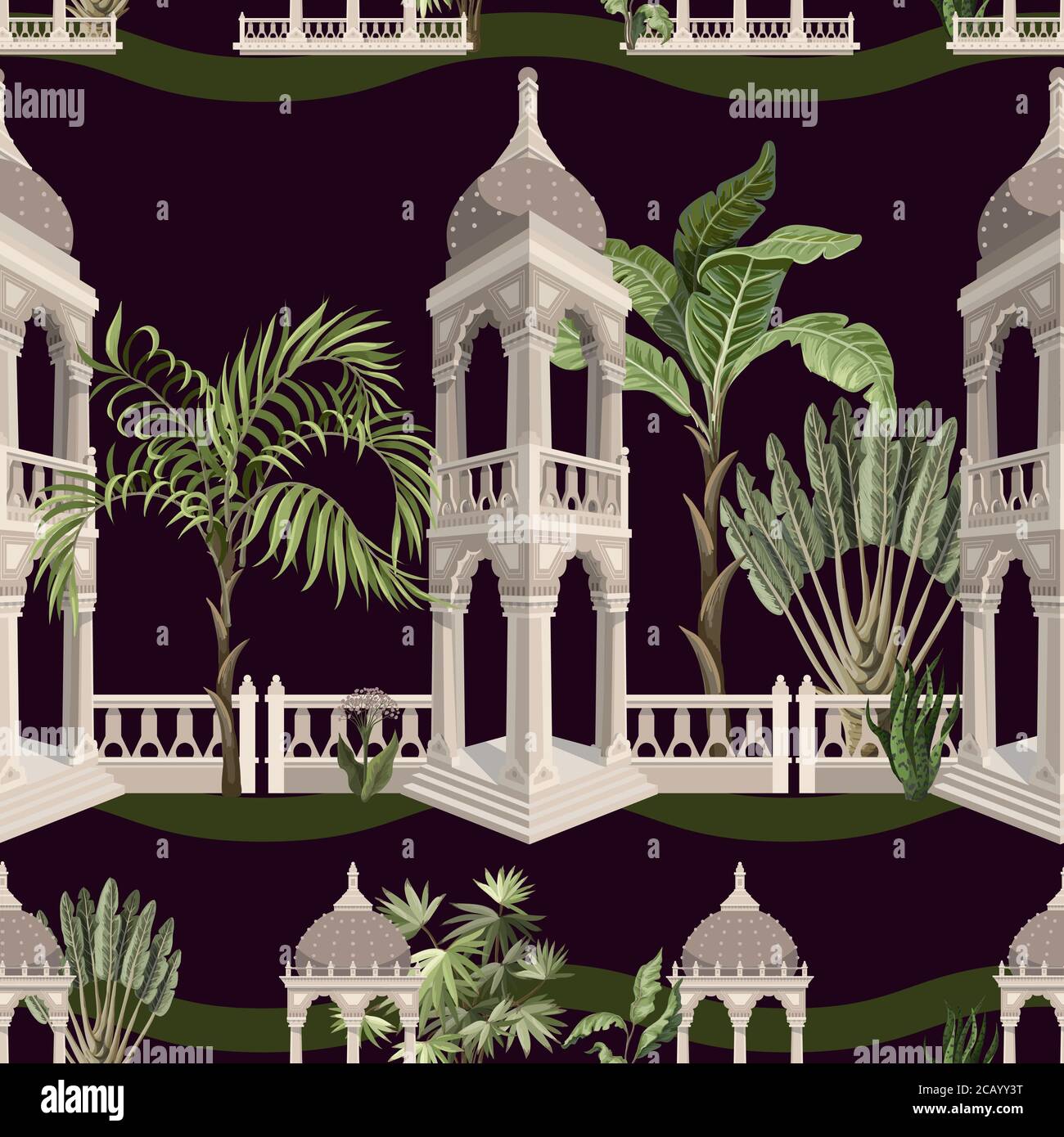 Seamless pattern with jungle trees and ancient arbor. Vector. Stock Vector