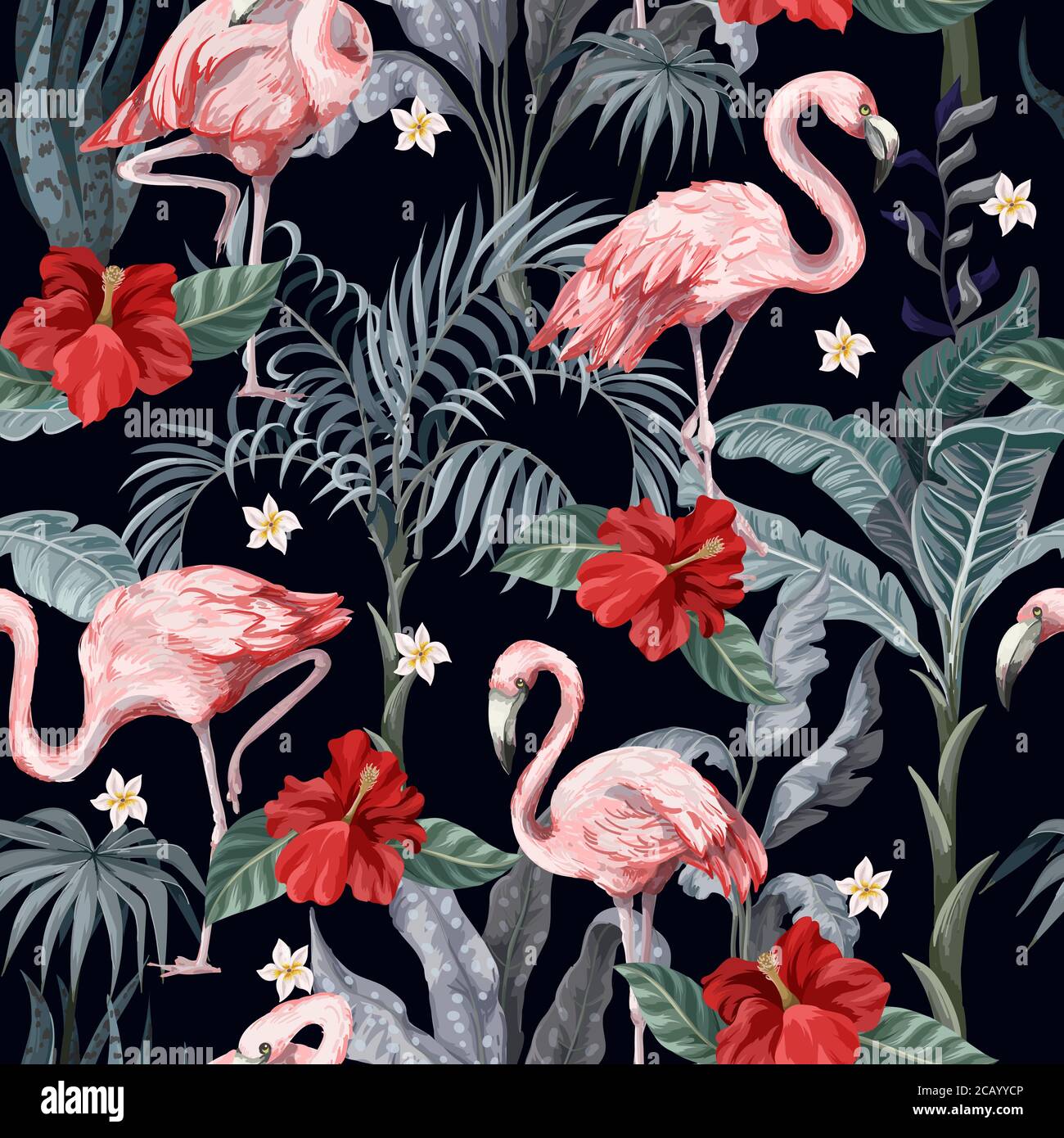 Seamless pattern with pink flamingo, flowers and jungle. Vector Stock ...