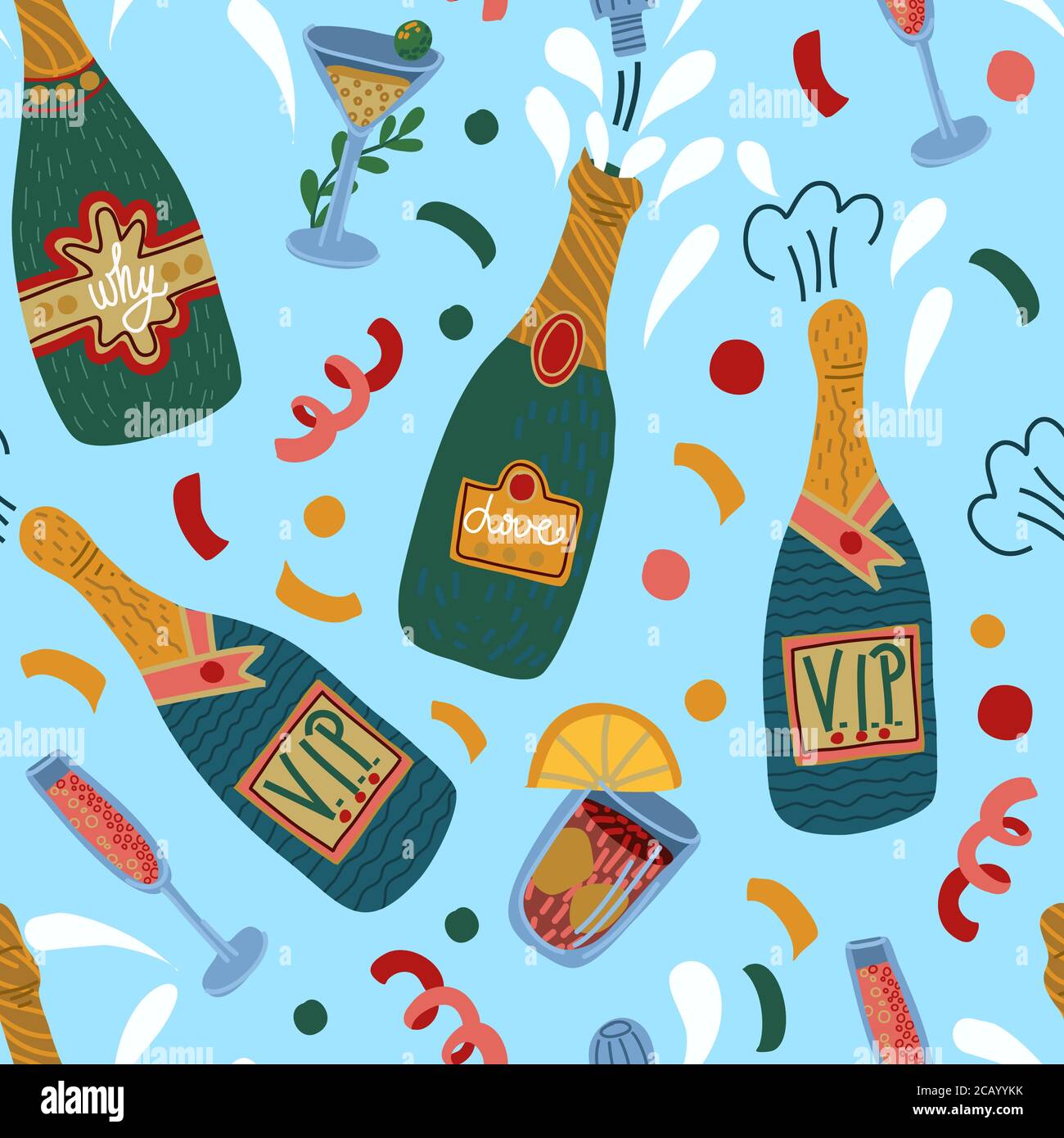 Seamless pattern with bottles of champagne and glasses. Vector Stock ...