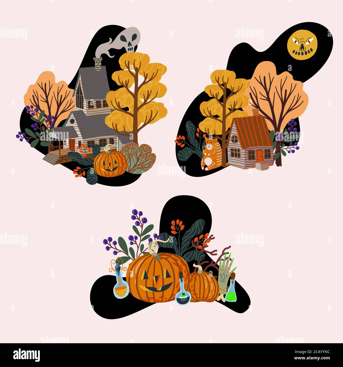 Old wooden houses and halloween elements isolated. Vector cartoon flat illustration. Stock Vector