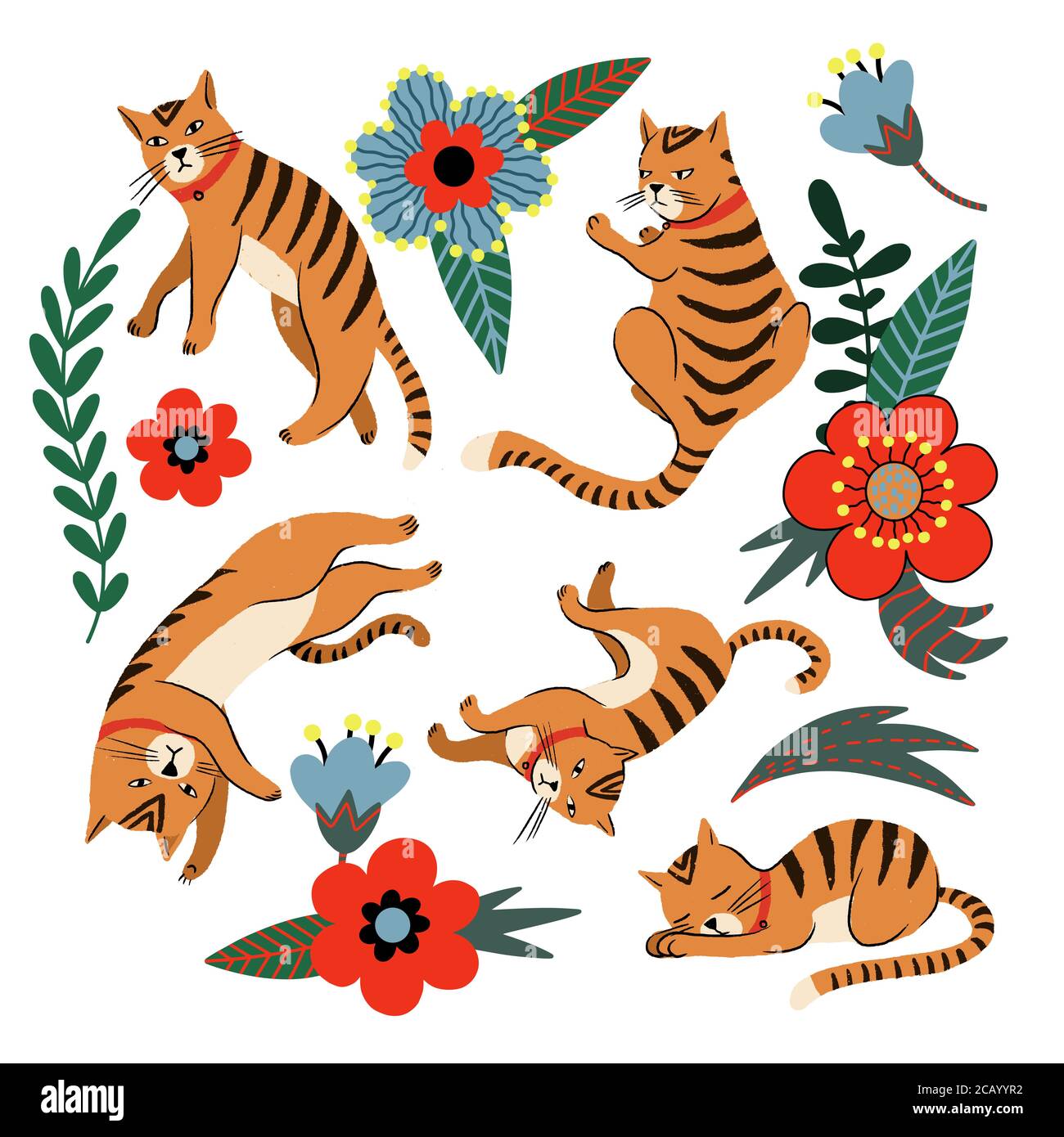 Ginger cats and flowers isolated. Vector. Stock Vector