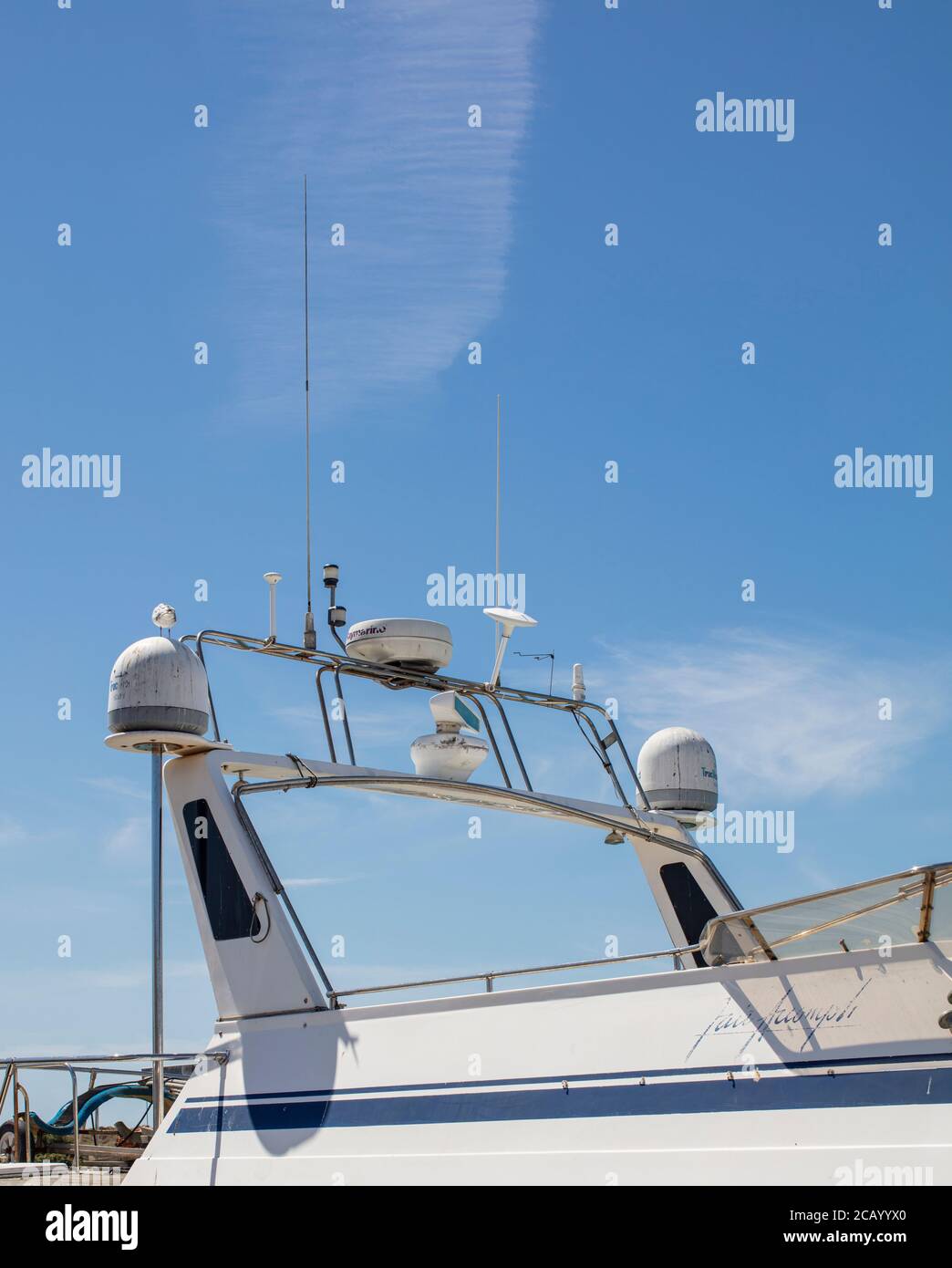 Raymarine boat radar on small boat in Littlehampton Harbour, along