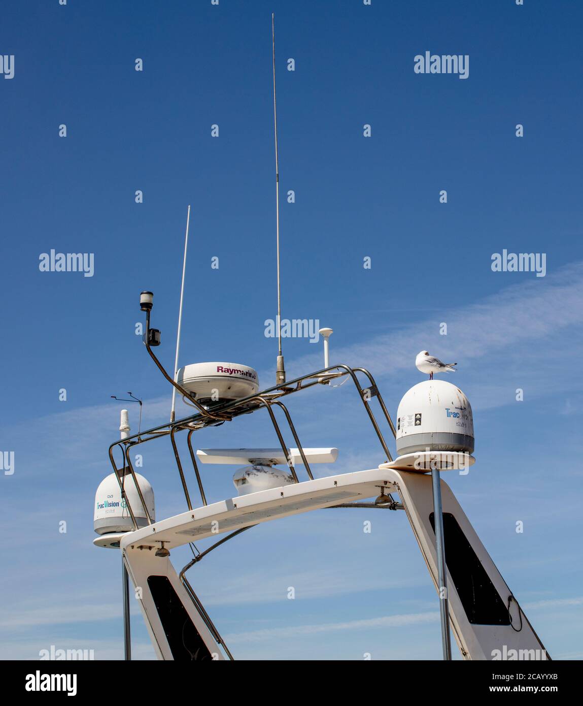 Raymarine boat radar on small boat in Littlehampton Harbour, along River Arun, West Sussex. UK