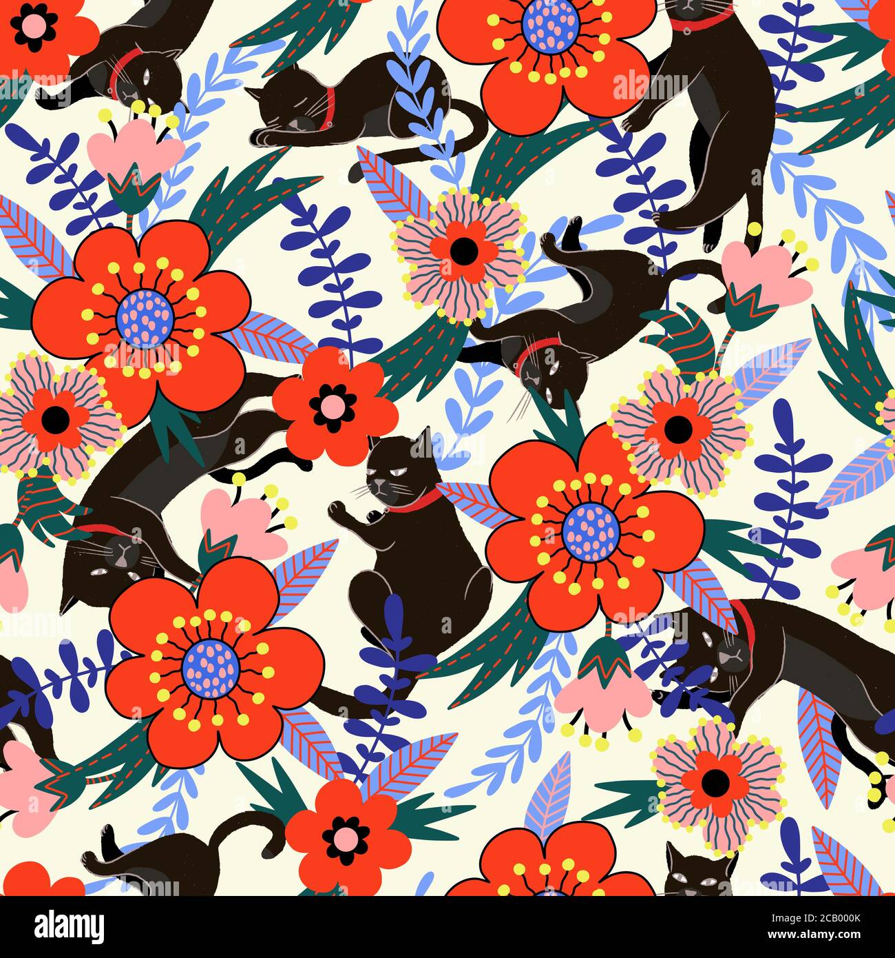 Seamless pattern with black cats and flowers. Vector. Stock Vector