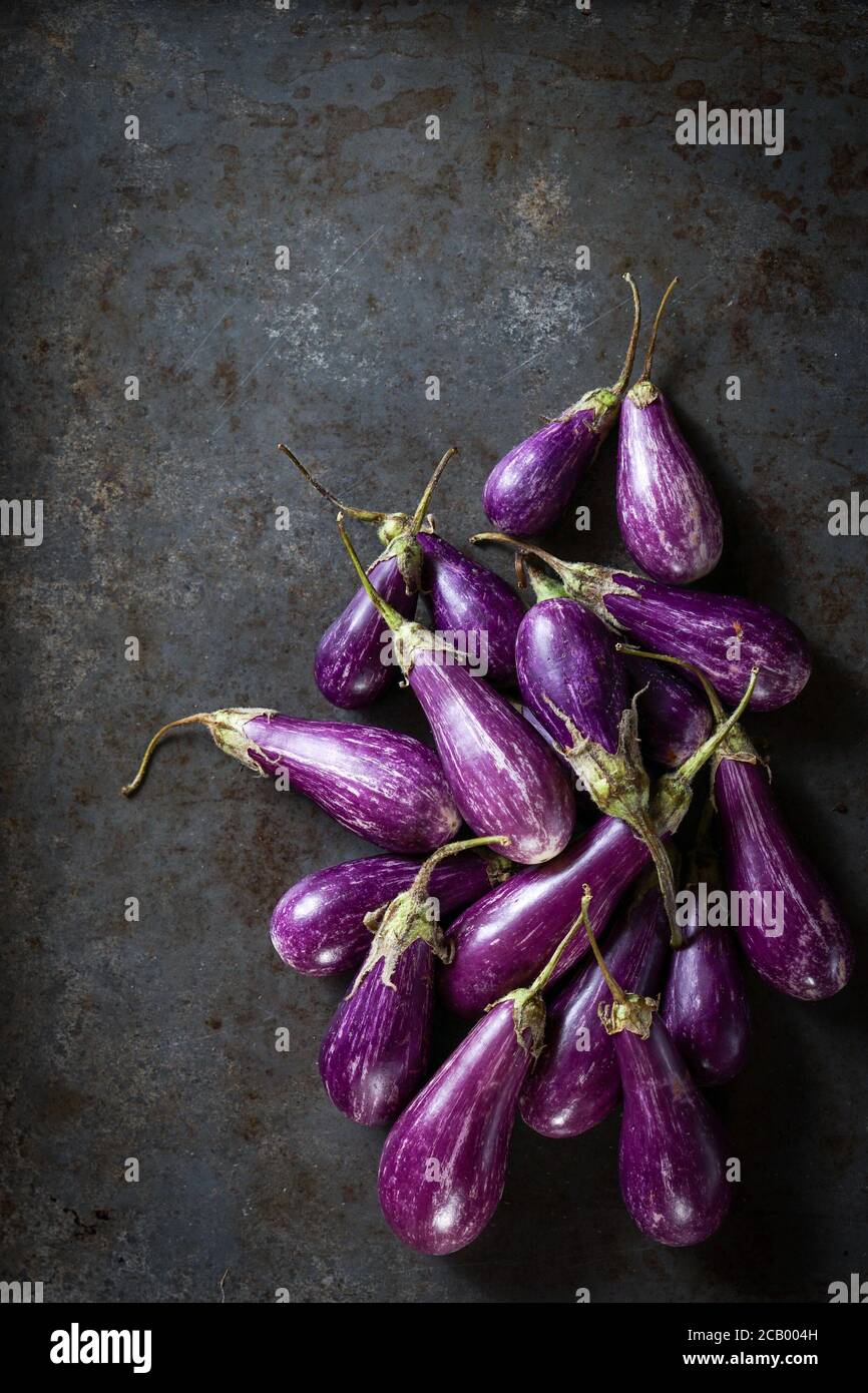 Fairy tale eggplants on a dark surface Stock Photo Alamy