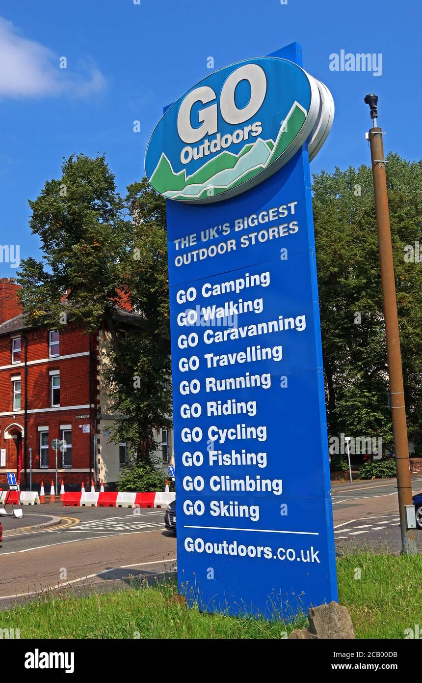 Sign, outside Go Outdoors, Wilson Patten Street,Warrington,Cheshire,England,UK, WA1 1PS,camping,retail,high street, Stock Photo