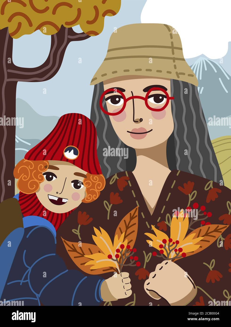Mom with her son in the fall, leaves in her hands, mom also in red glasses, and looks like a teacher. A red-haired boy in a red winter hat, a blue Stock Vector