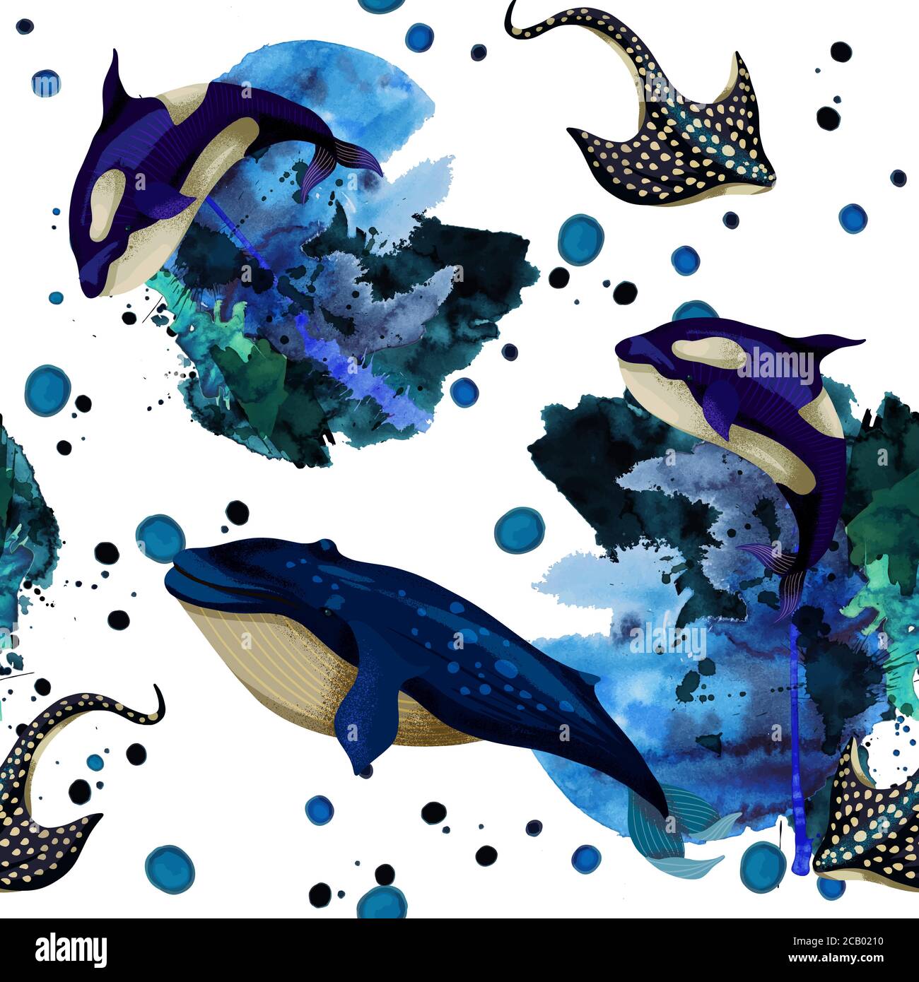 Seamless watercolor pattern with blots and whales. Vector Stock Vector ...