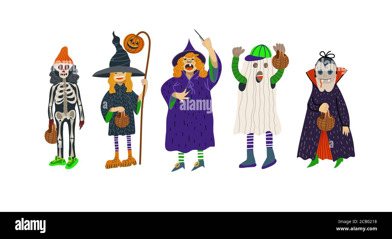 Kids in Halloween costumes isolated. Vector cartoon flat illustration. Stock Vector
