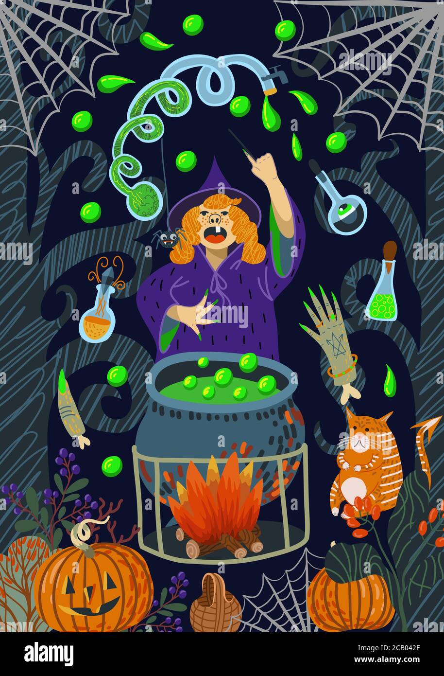 Halloween witch conjures in the forest above the potion pot. Vector cartoon flat illustration. Stock Vector