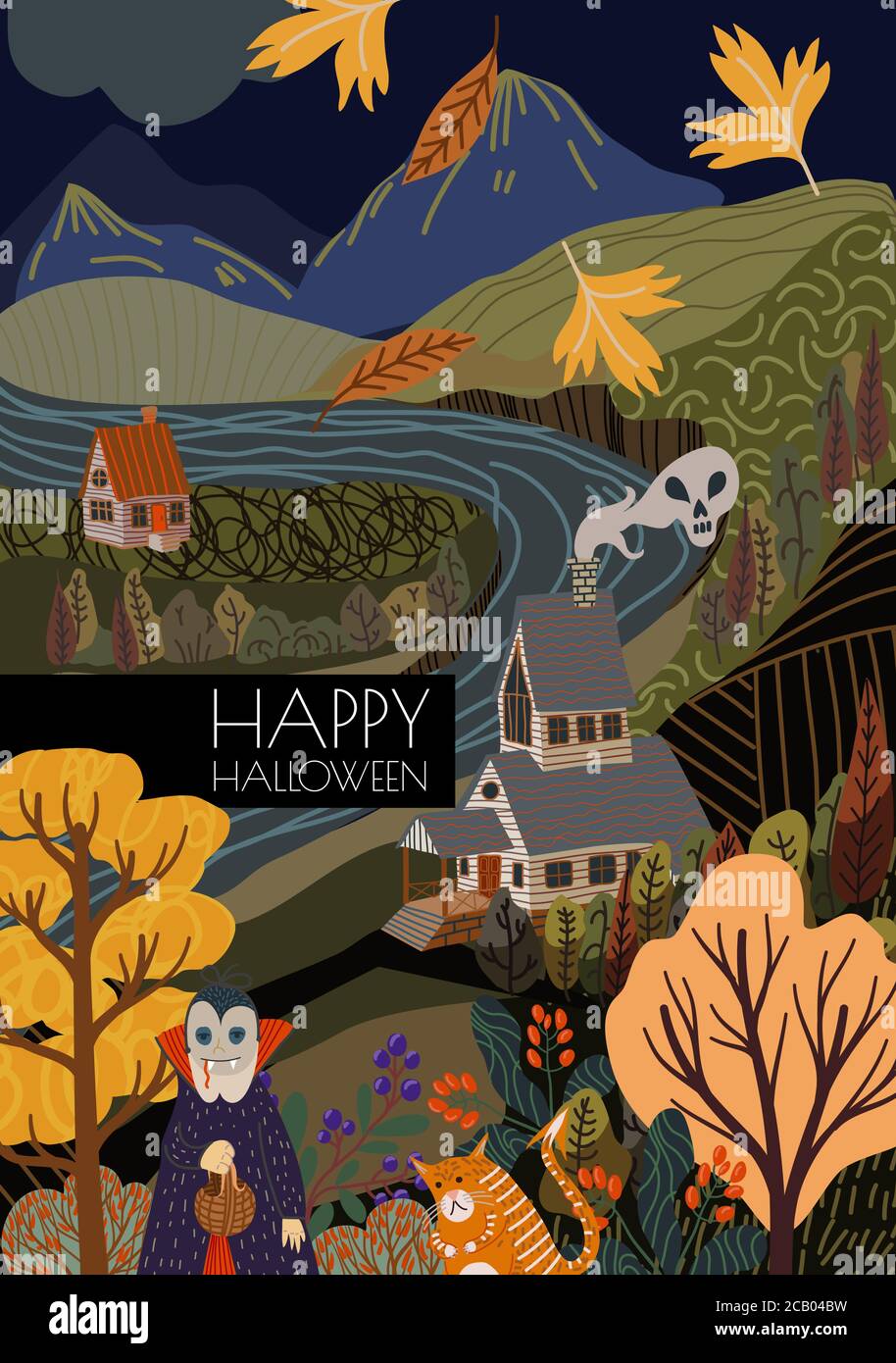 Autumn landscape in Halloween. Vector cartoon flat illustration. Stock Vector