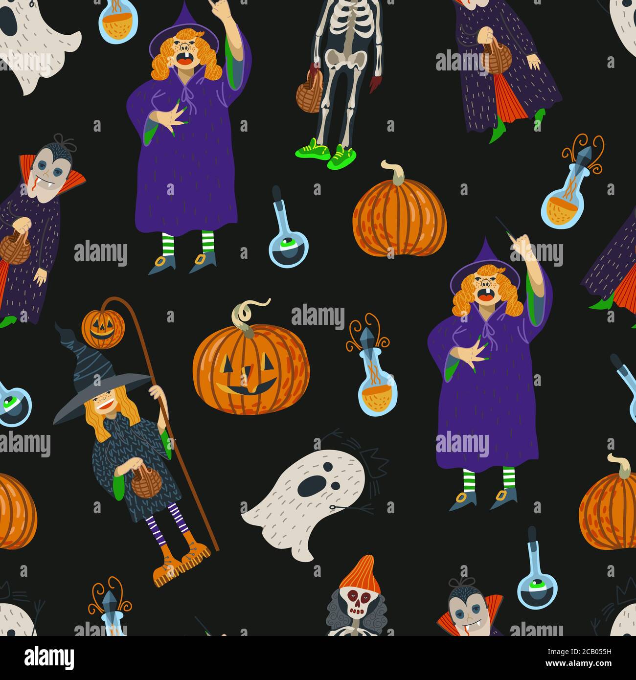 Seamless pattern with Halloween scary elements. Vector cartoon flat illustration. Stock Vector
