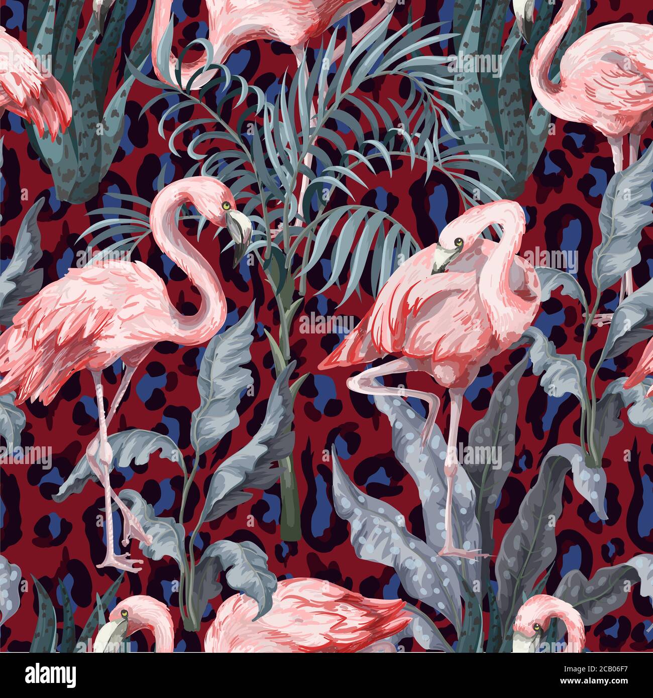 Seamless pattern with pink flamingo, flowers and jungle. Vector Stock ...