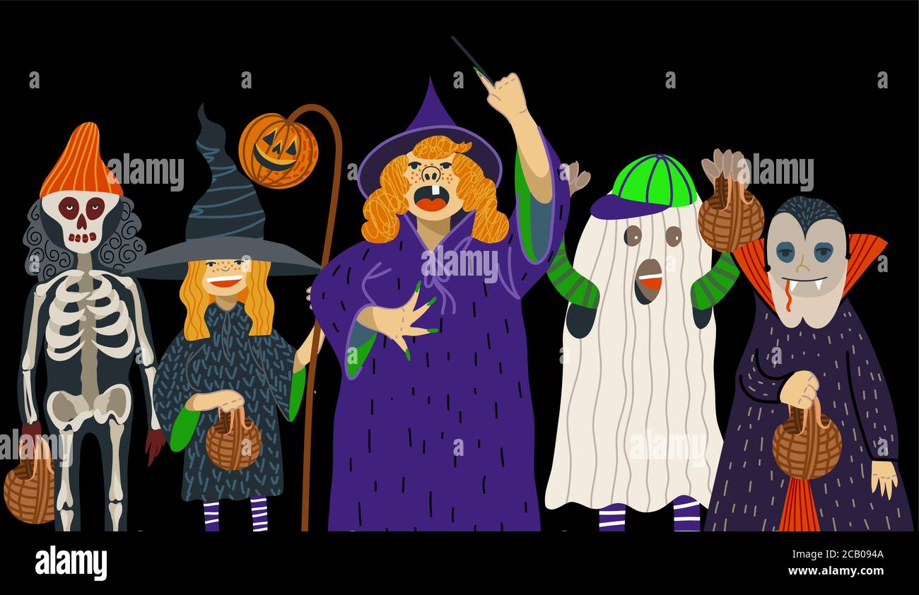 Kids in Halloween costumes isolated. Vector cartoon flat illustration. Stock Vector