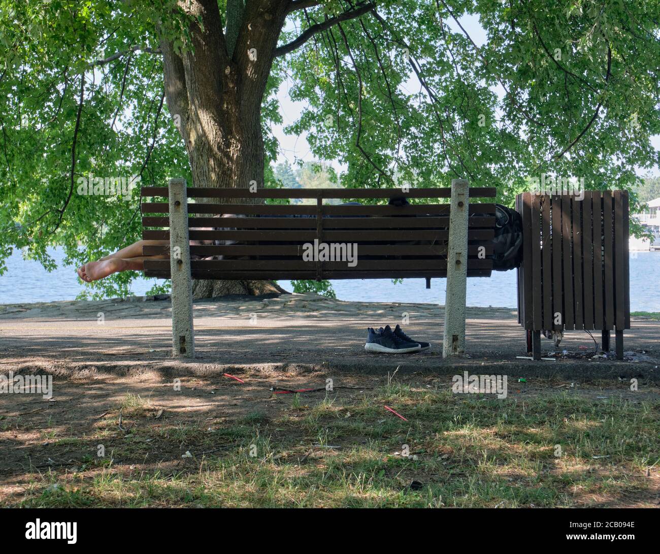 Park bench from behind, with feet sticking out and shoes on path under