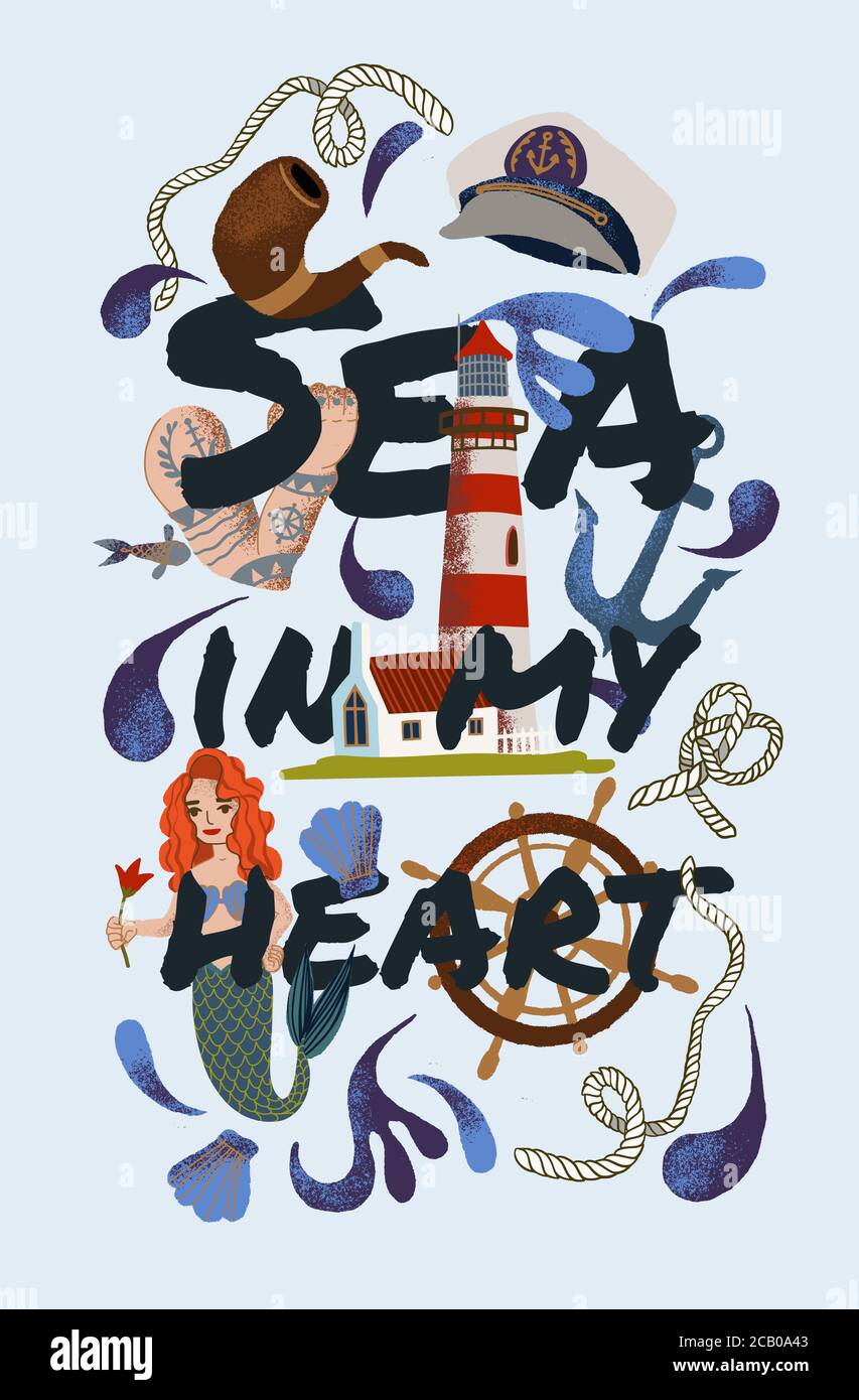 Set of elements with a nautical theme. Mermaid, shells, and bursts of waves. Sea anchor, rope, and smoking wooden pipe. Stock Vector