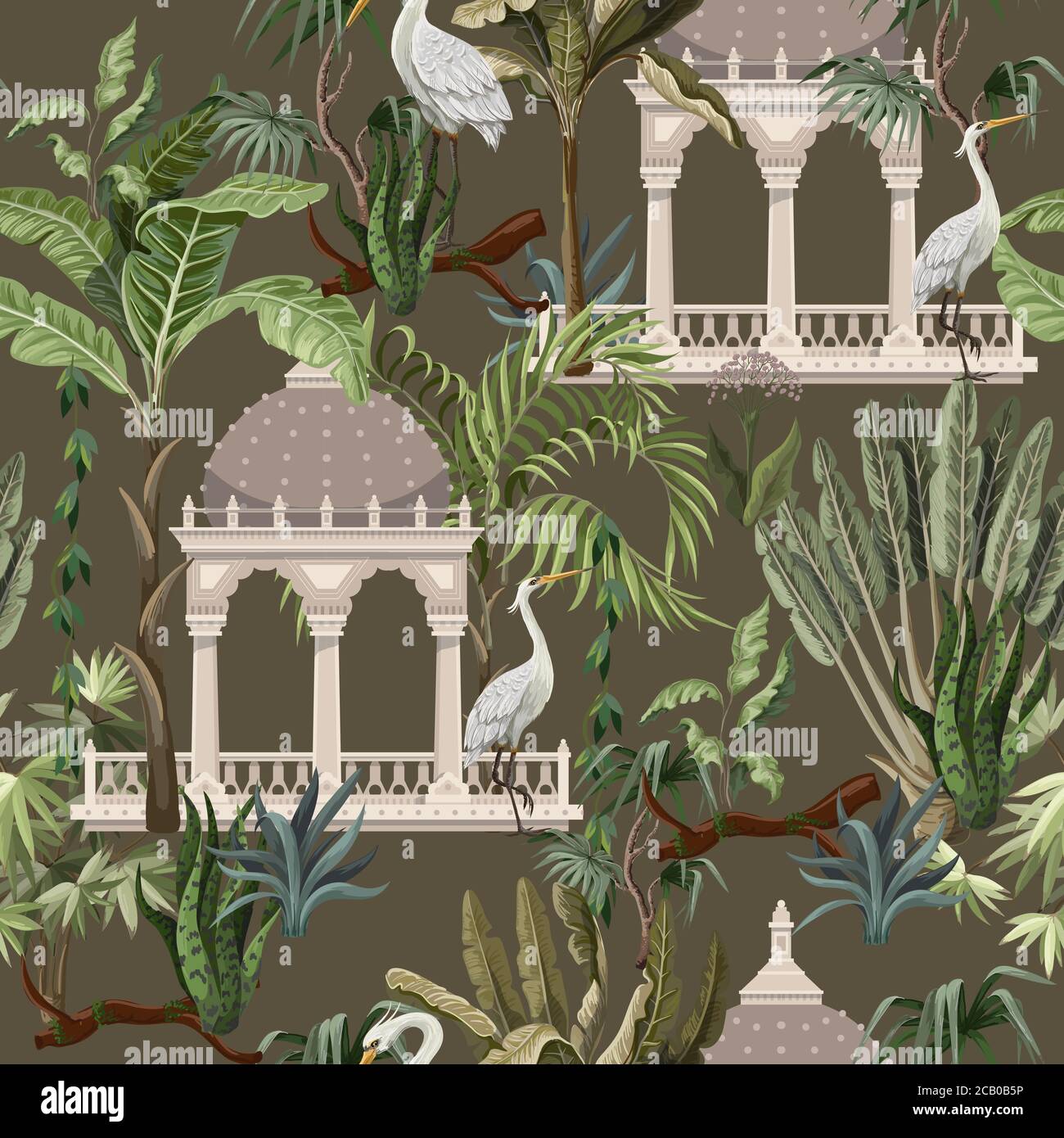 Seamless pattern with ancient arbor and herons in the jungle. Vector. Stock Vector