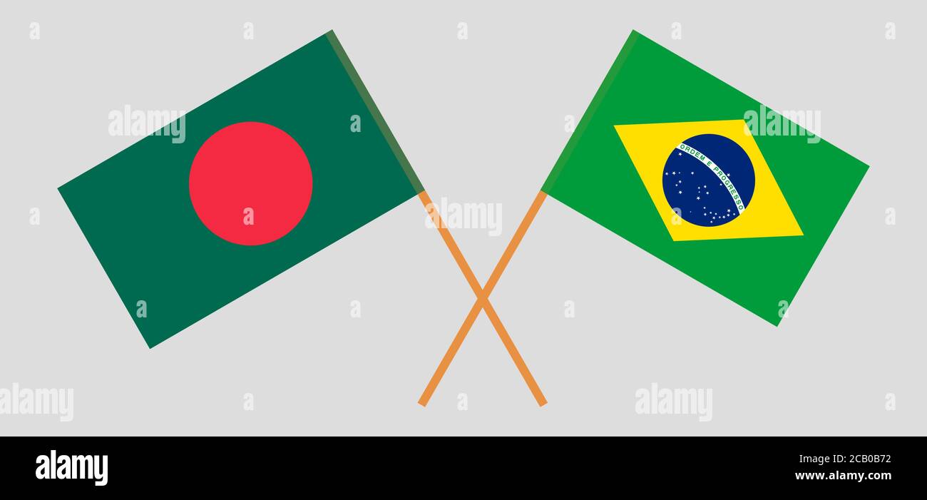 Crossed flags of Bangladesh and Brazil. Official colors. Correct