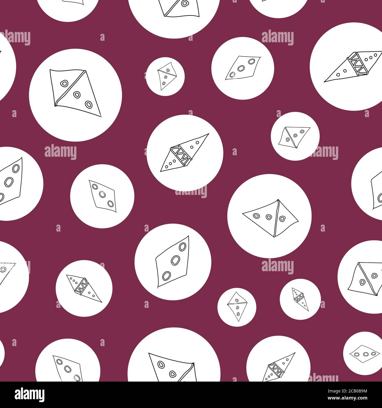 black and white Doodle diamond shape in white circles on red background seamless pattern Vector hand drawn illustration surface design Stock Vector