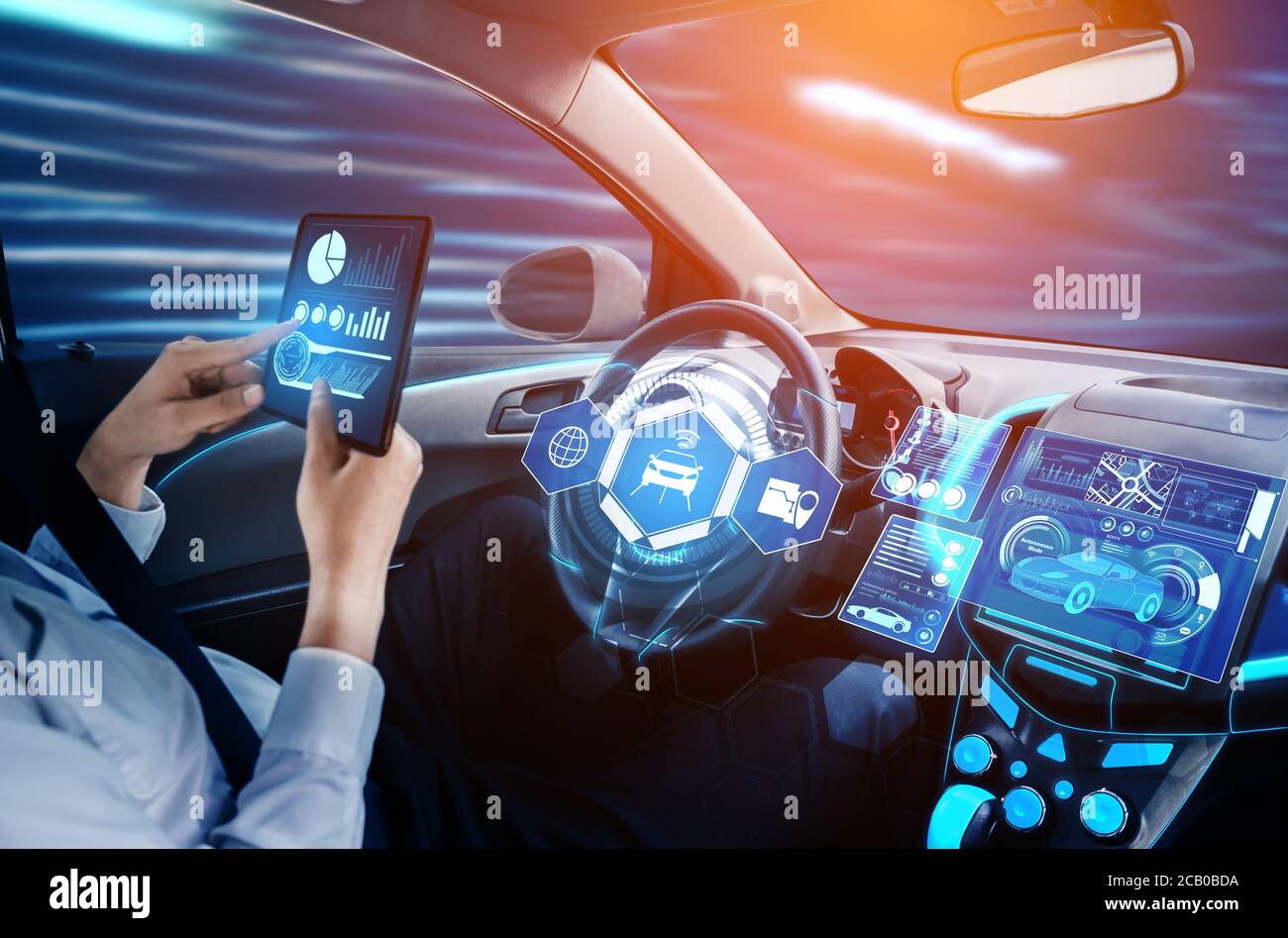 Cockpit of autonomous car. Driverless car. Self-driving vehicle. Head up  display Stock Photo - Alamy